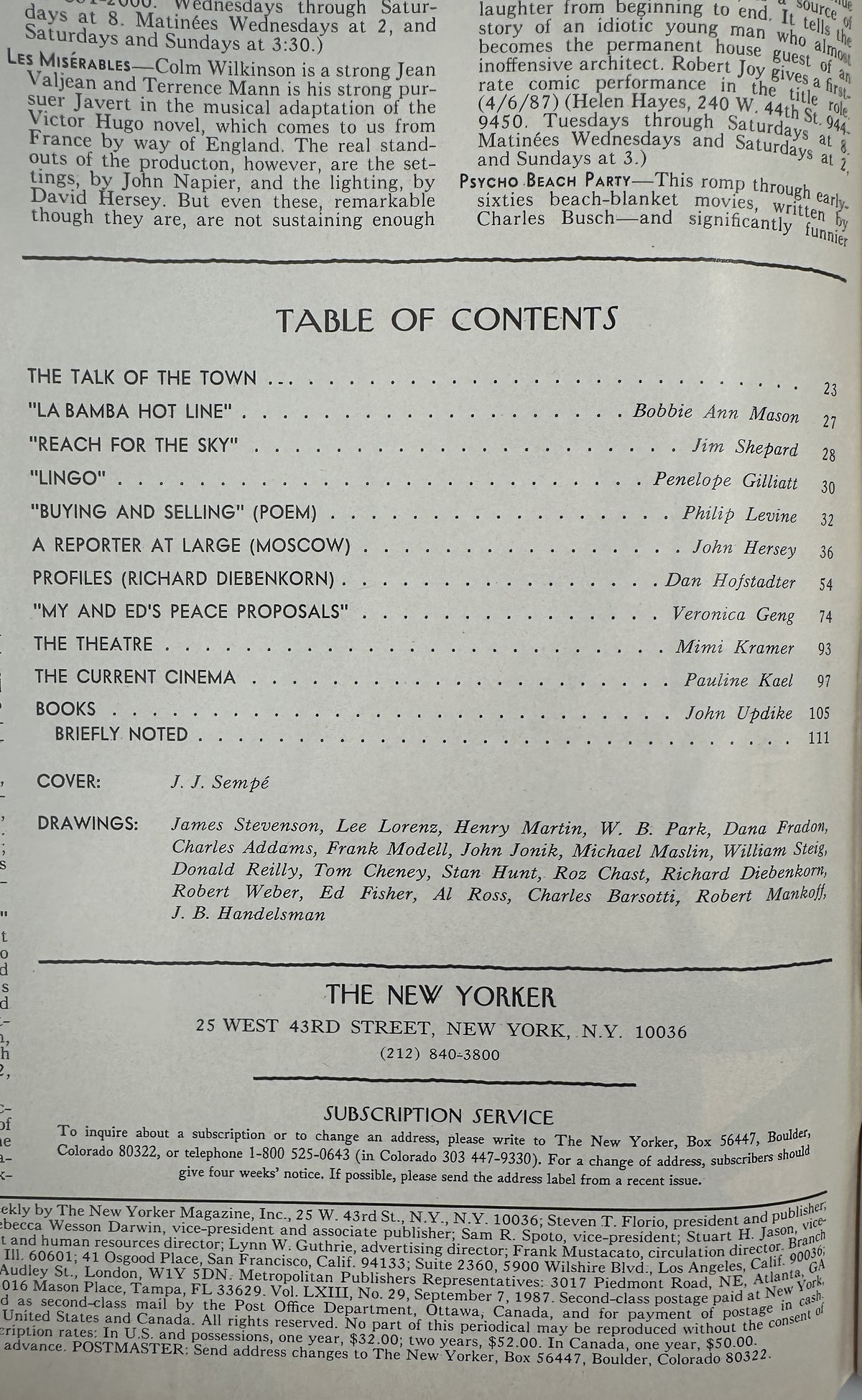 The New Yorker Magazine September 7, 1987 Fishing Canoes Lake J. J. Sempé Cover VG, interior table of contents page listing articles, writers, and cartoon contributors.