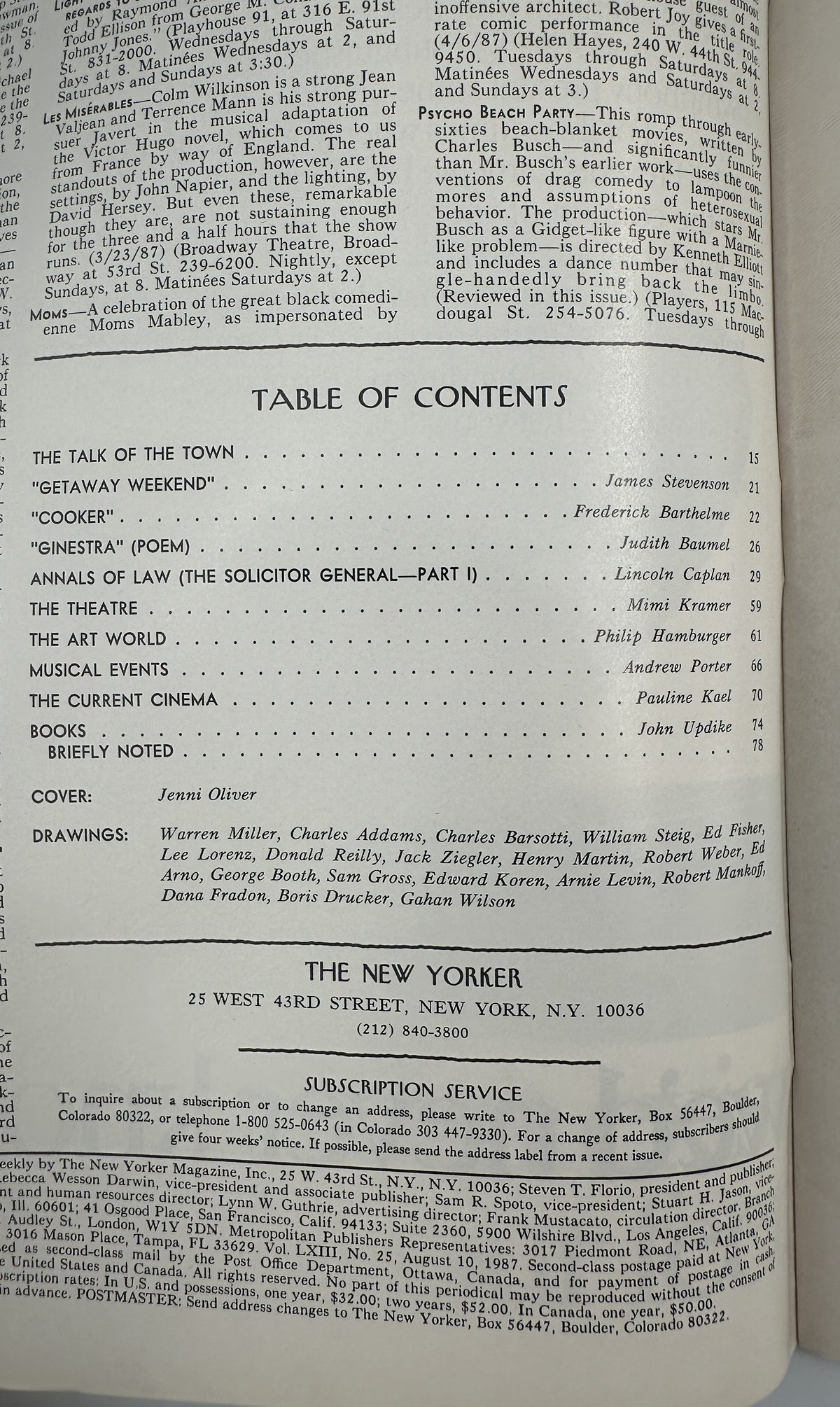 The New Yorker Magazine August 10, 1987 Cows Oak Tree Jenni Oliver Cover VG, open to the table of contents page listing articles, departments, reviews, and drawings.