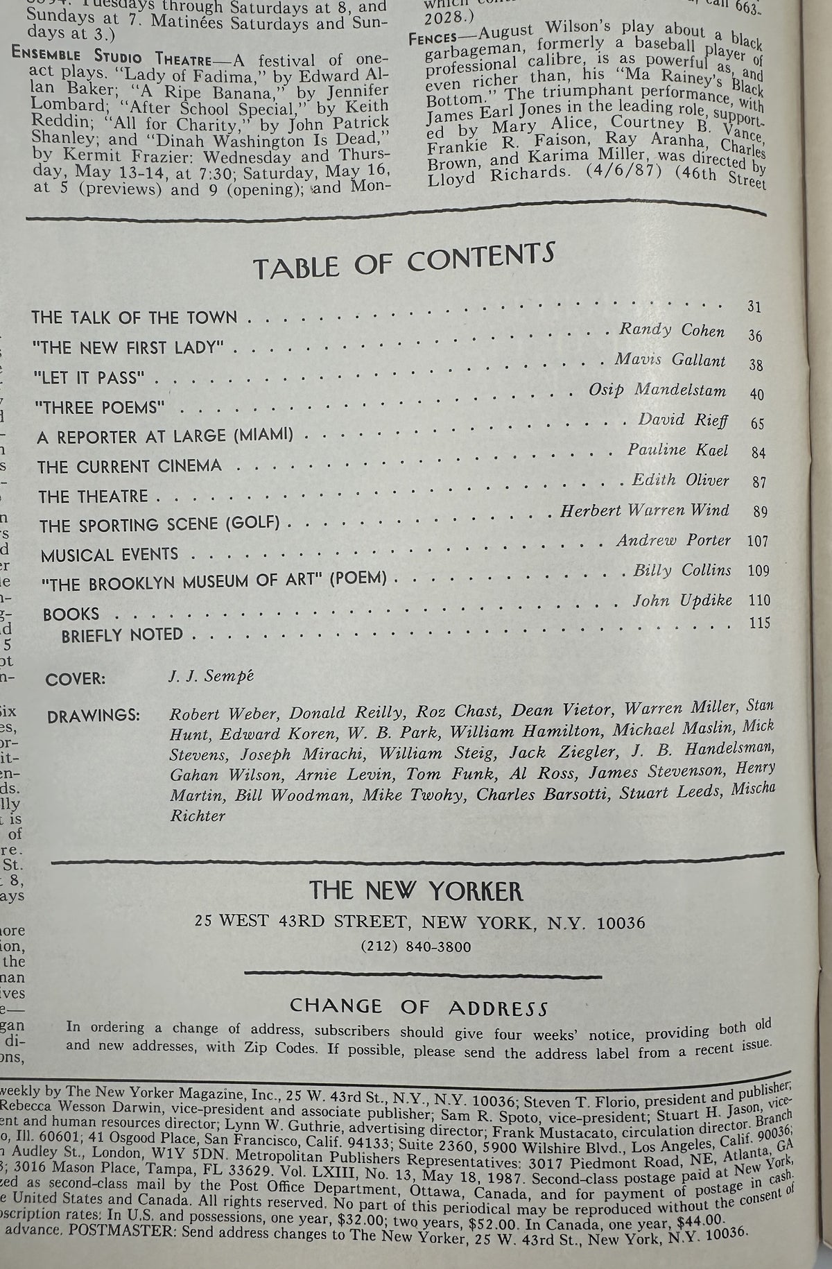 The New Yorker Magazine May 18, 1987 City Sidewalk J. J. Sempé Cover VG, showing the Table of Contents page with featured articles, contributors, cover artist J. J. Sempé, and listed drawings.