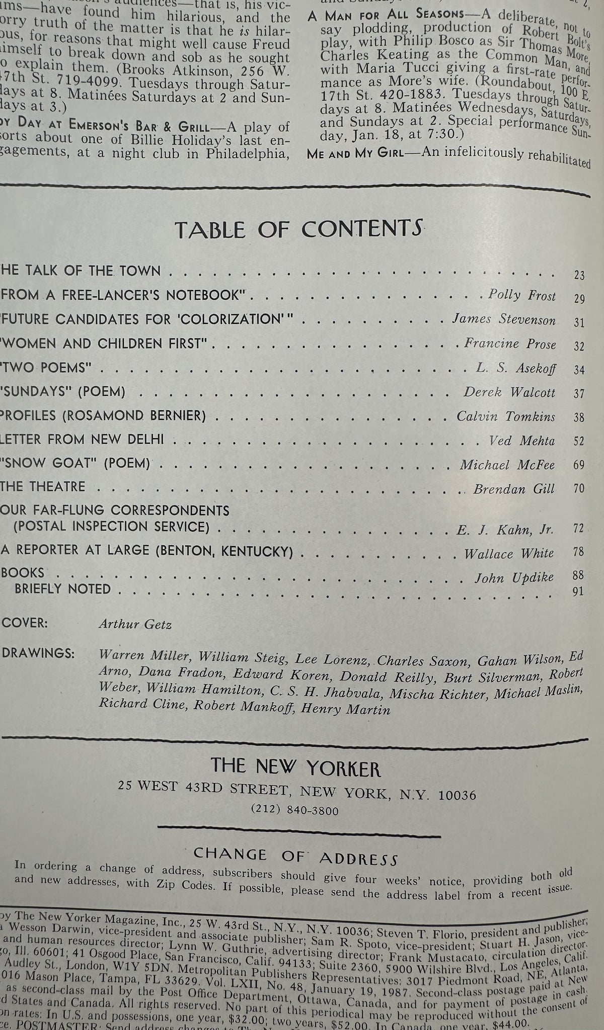 The New Yorker Magazine January 19, 1987 Snowy Skating Bonfire Arthur Getz Cover VG table of contents page featuring articles, poems, profiles, and cover credits