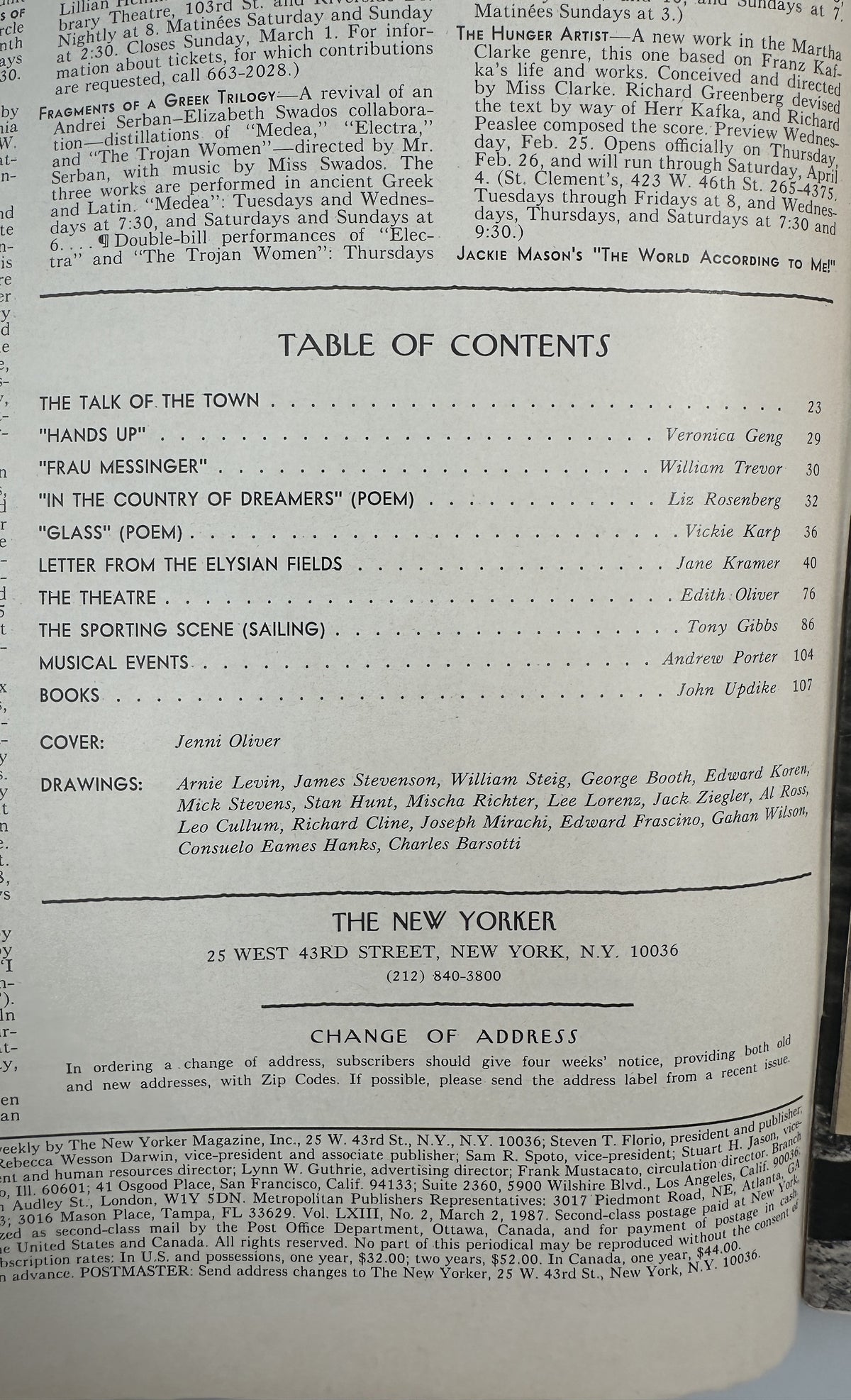 The New Yorker Magazine March 2, 1987 Sewing Room Jenni Oliver Cover VG, interior table of contents page listing articles, poems, theatre, sailing, music, books, cover artist, and cartoon drawings.