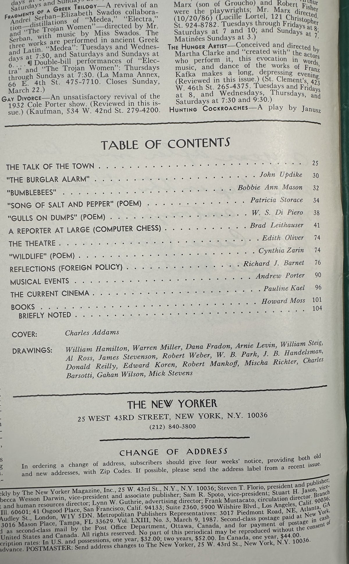 The New Yorker Magazine March 9, 1987 Ghost Instruments Museum Charles Addams Cover VG, showing the issue's table of contents and publication information page.