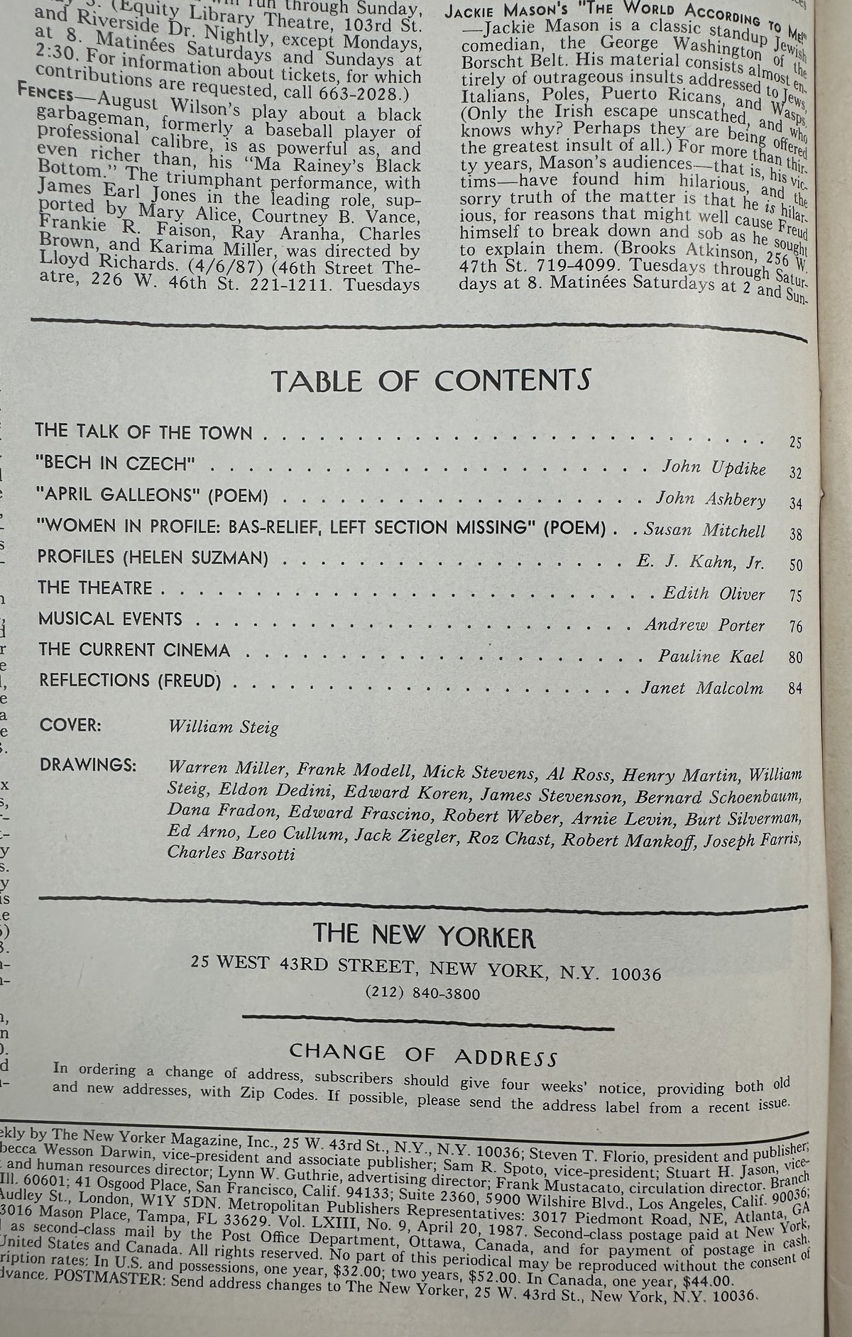 The New Yorker Magazine April 20, 1987 Victorian Couple Garden William Steig Cover VG, showing the table of contents and article listings.