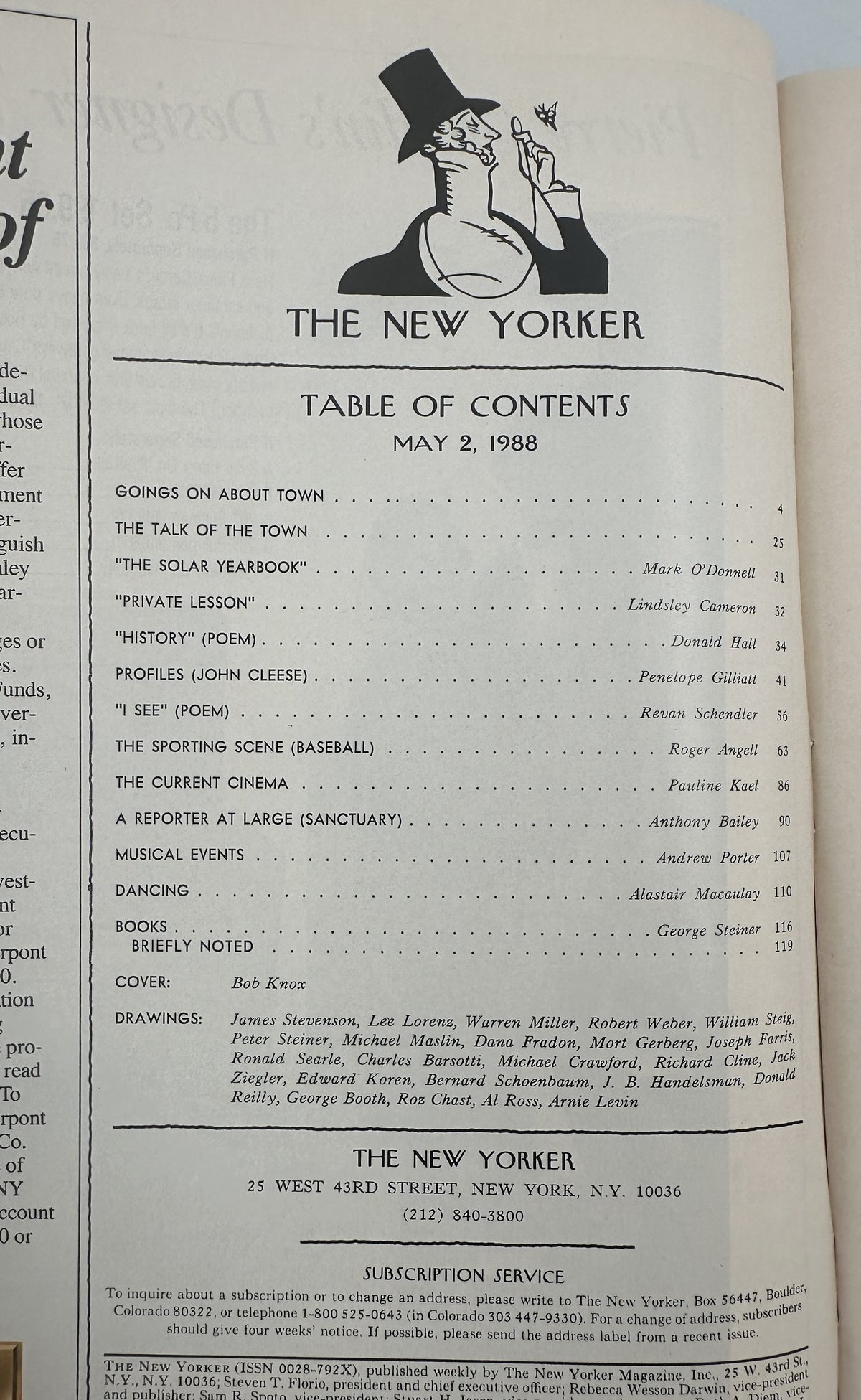 The New Yorker Magazine May 2, 1988 Paper Sailboats City Bob Knox Cover VG showing the magazine table of contents page with listed articles, departments, contributors, and Bob Knox cover credit.