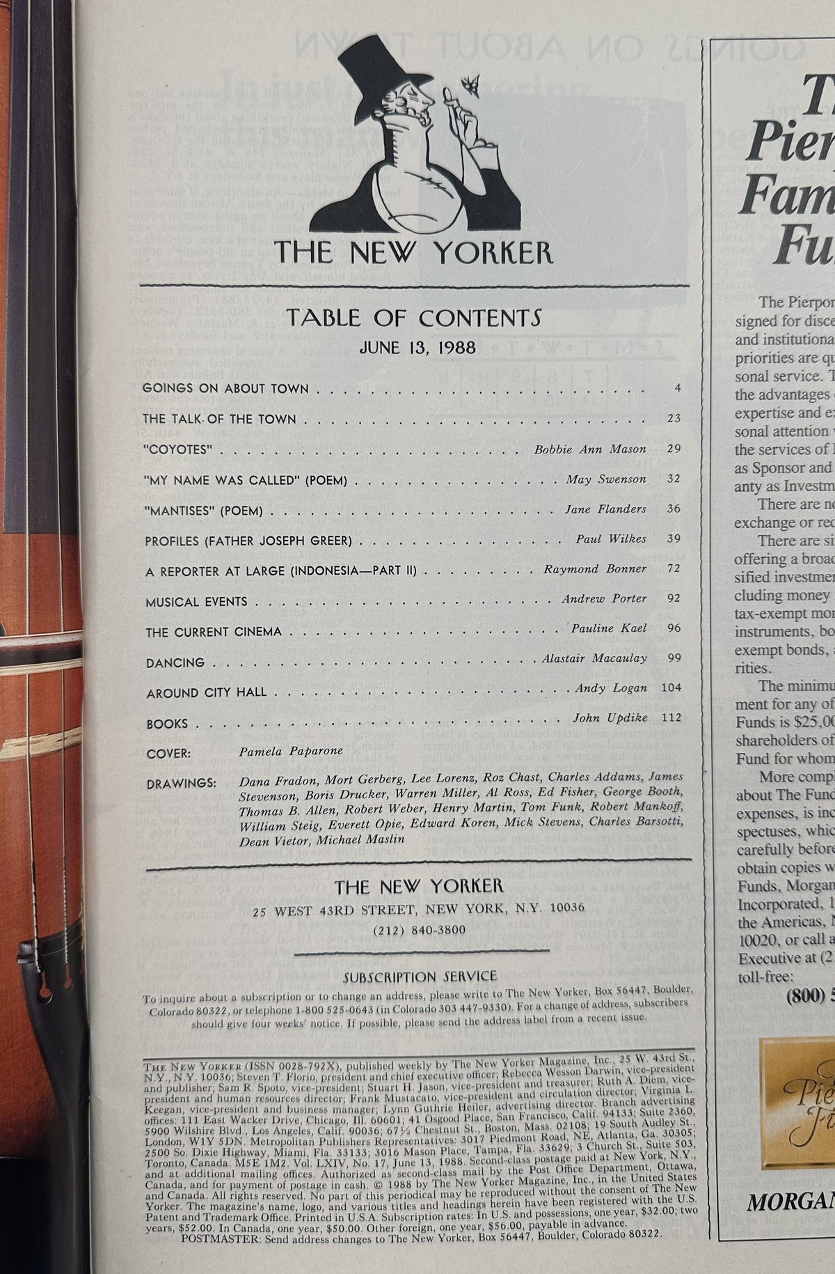 The New Yorker Magazine June 13, 1988 Yellow Fish Shirt Pamela Paparone Cover VG, table of contents page showing articles, poems, profiles, and contributor listings
