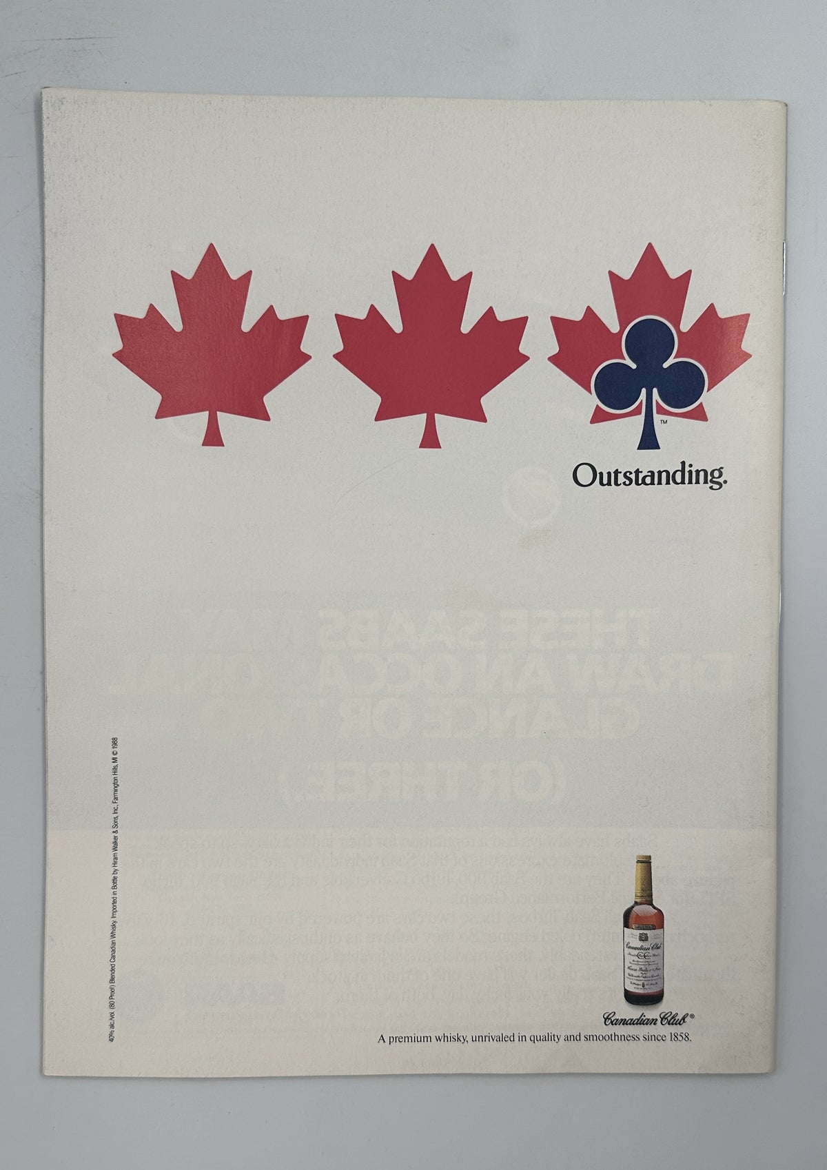 Back cover of The New Yorker Magazine July 4, 1988 Uncle Sam BBQ Lee Lorenz Cover VG, featuring three red maple leaves, a club emblem with the word “Outstanding,” and a whisky bottle advertisement.