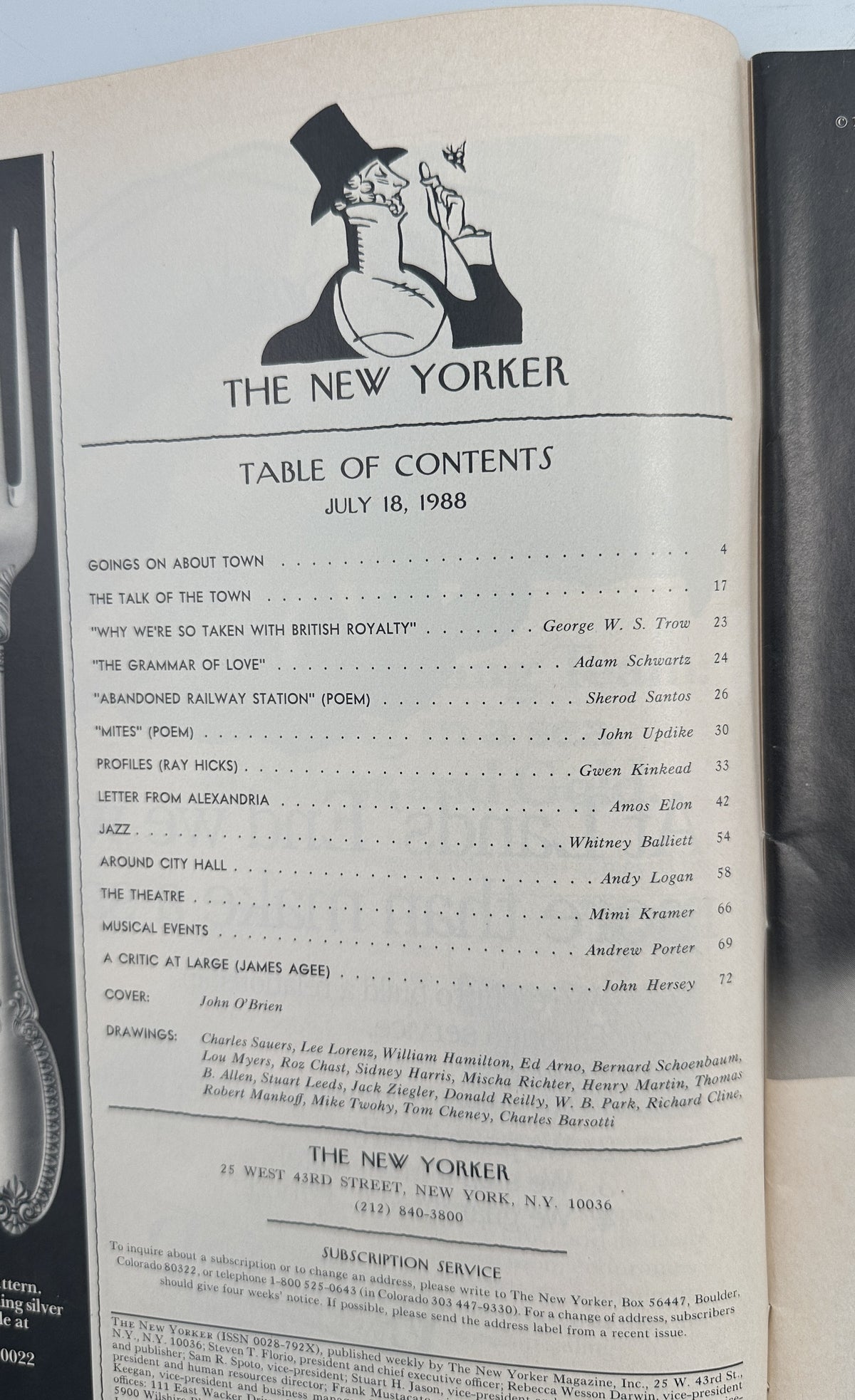 The New Yorker Magazine July 18, 1988 Fountain Dining Park John O’Brien Cover VG, table of contents page showing the issue’s articles, poems, departments, and contributors.