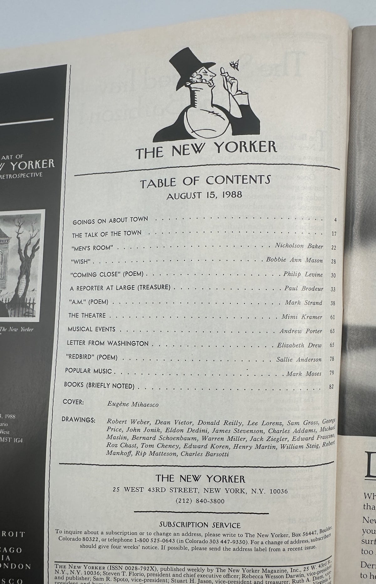 The New Yorker Magazine August 15, 1988 Desert Fan Heat Eugène Mihaesco Cover VG, interior table of contents page with feature listings, poems, theater, music, books, cover artist, and cartoonist credits.