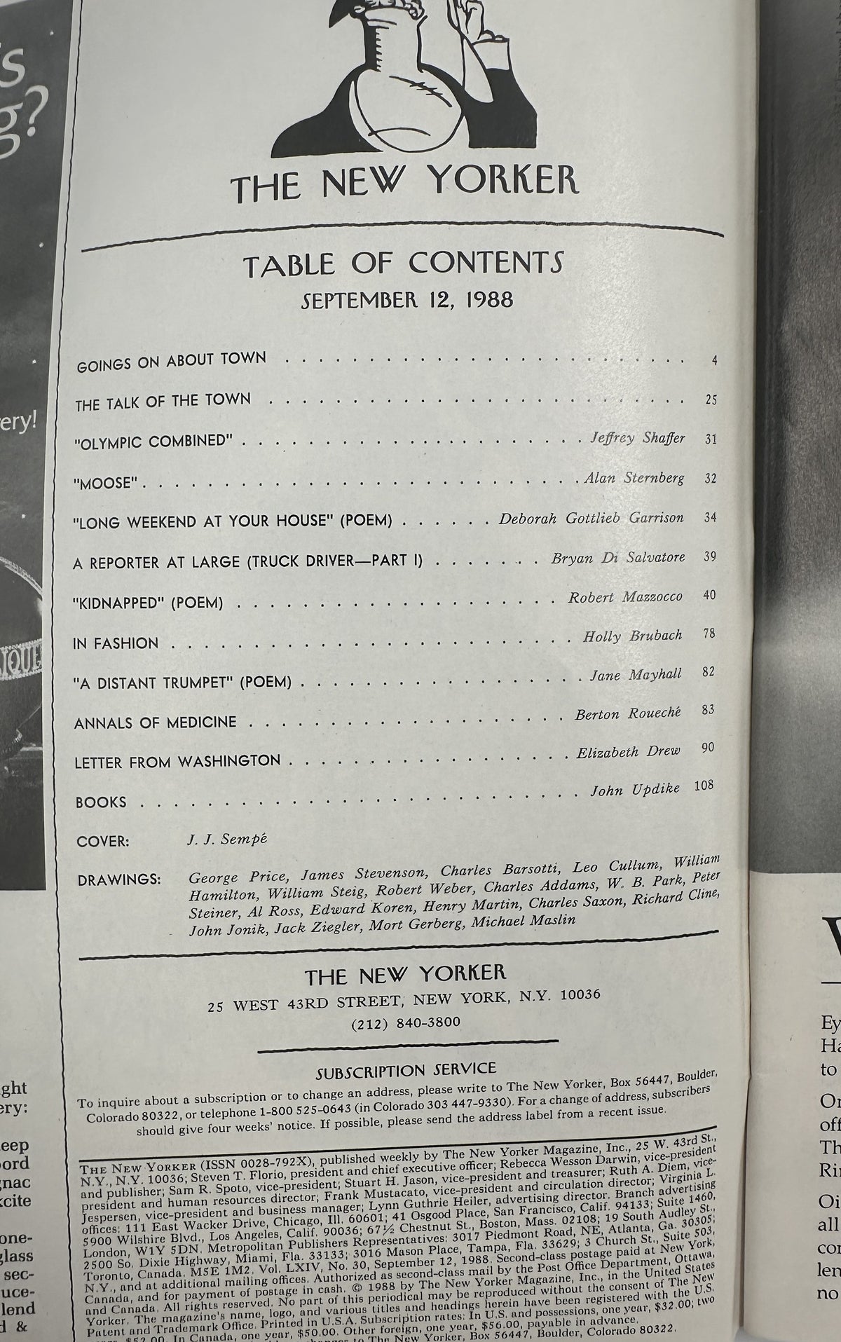 The New Yorker Magazine September 12, 1988 City Rooftop Skyline J. J. Sempé Cover VG, table of contents page showing featured articles, poems, authors, and drawings