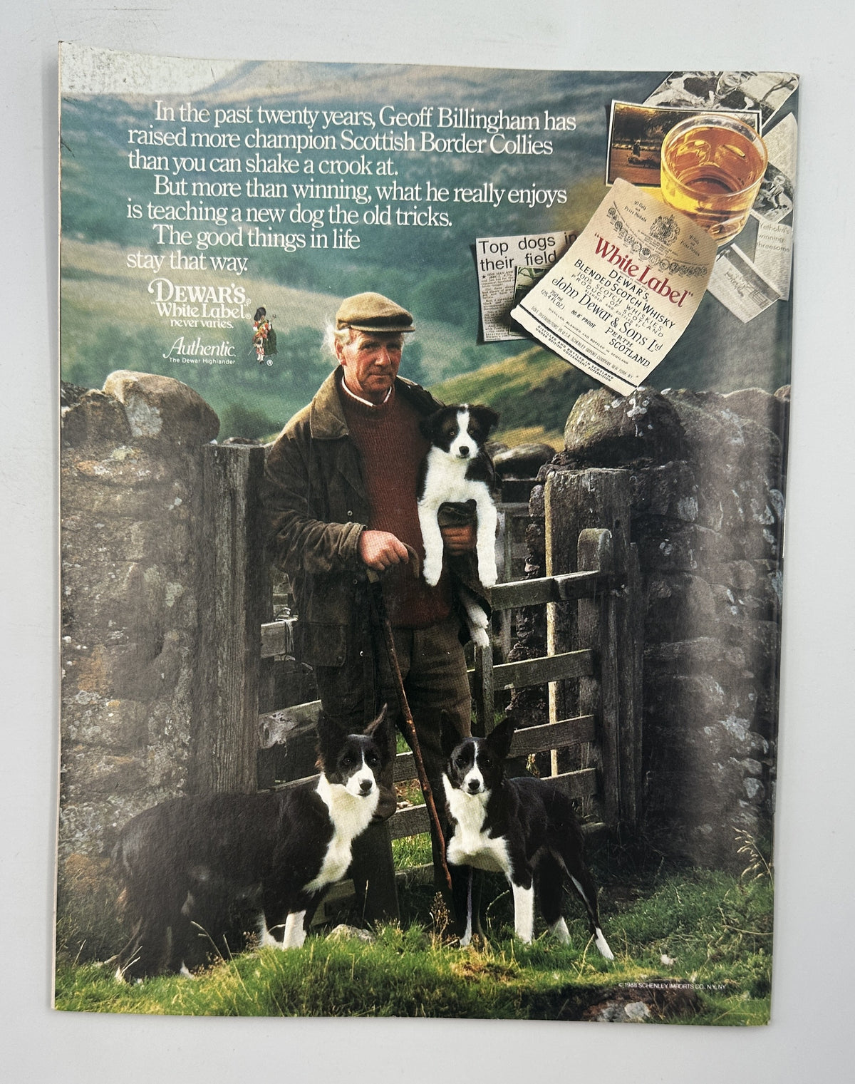 The New Yorker Magazine October 17, 1988 Spring St Subway Bench Kathy Osborn Young VG interior advertisement featuring Scottish sheep farmer Geoff Billingham with three Border Collies and Dewar's whisky.