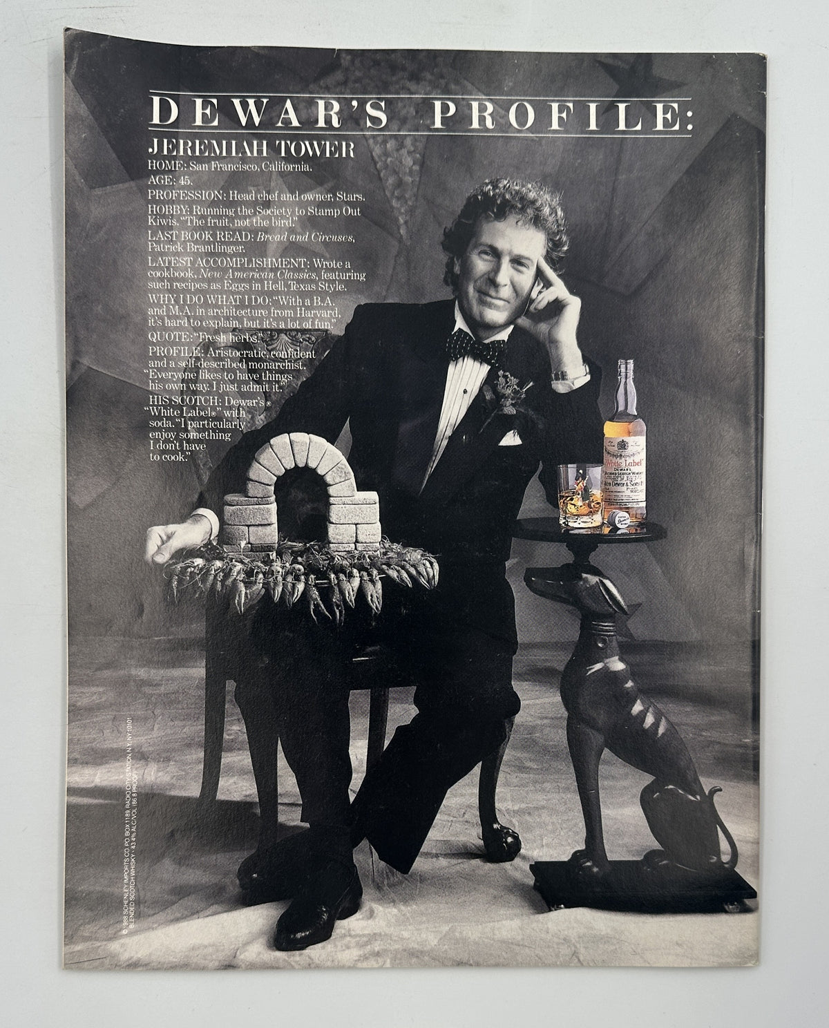 The New Yorker Magazine October 31, 1988 Tower Window Watcher Charles Addams VG featuring a vintage Dewar's Profile advertisement with Jeremiah Tower in a tuxedo seated beside a whisky bottle.