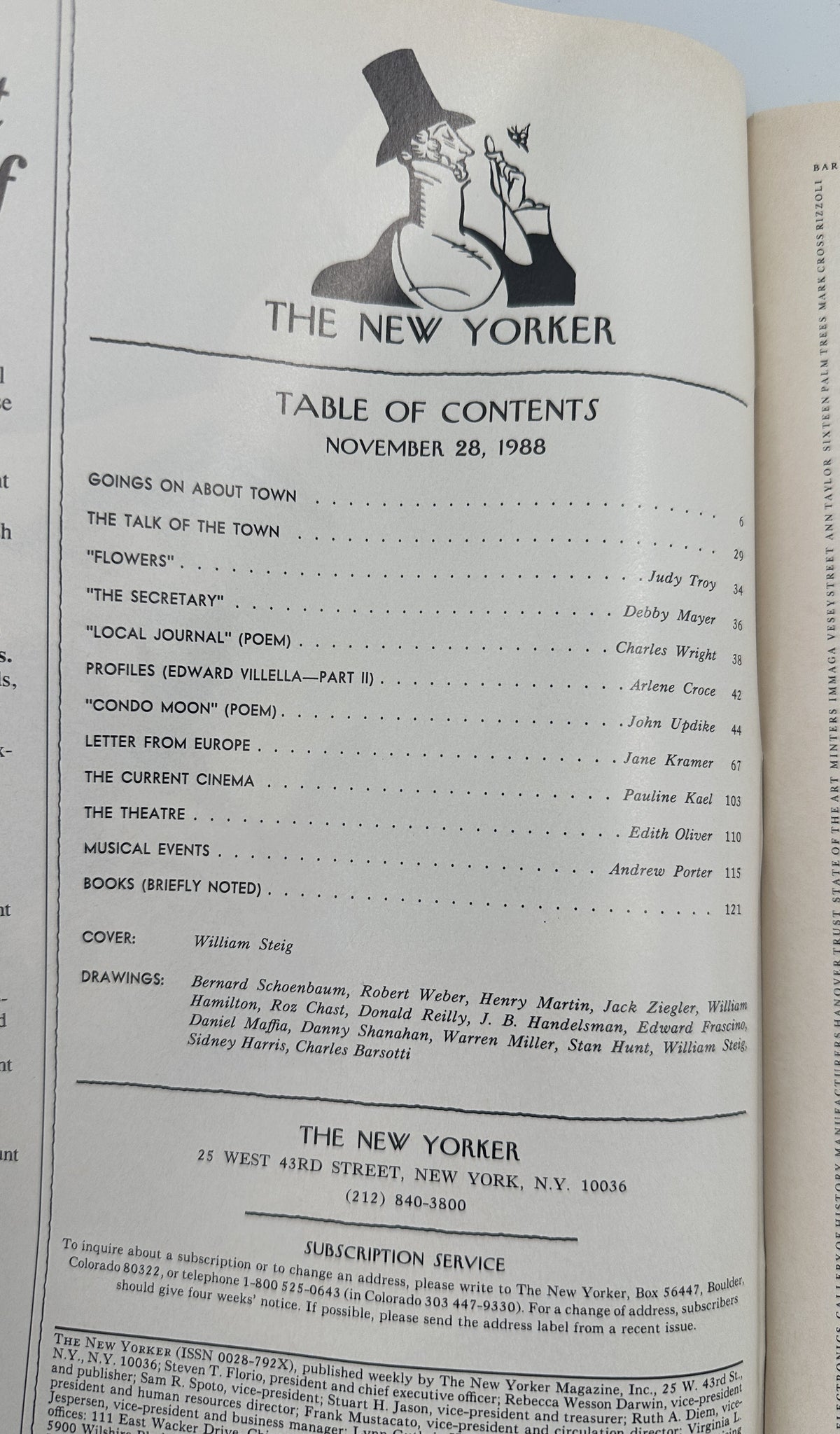 The New Yorker Magazine November 28, 1988 Autumn Turkey Forest William Steig Cover VG, open to the table of contents page with listed articles, poems, and contributors.