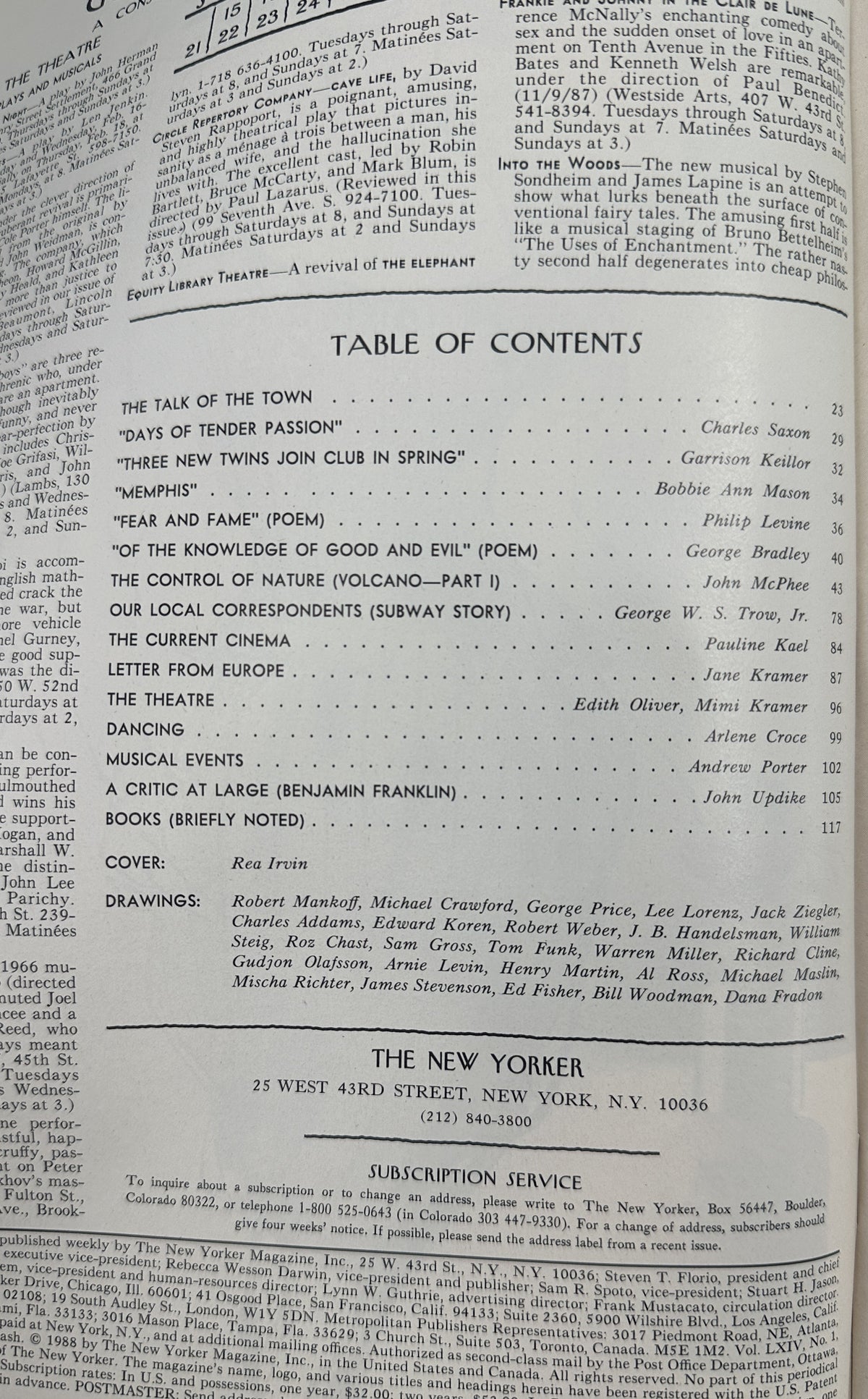 The New Yorker Magazine February 22, 1988 Top Hat Butterfly Portrait Rea Irvin Cover VG, showing the magazine table of contents and publication information page.