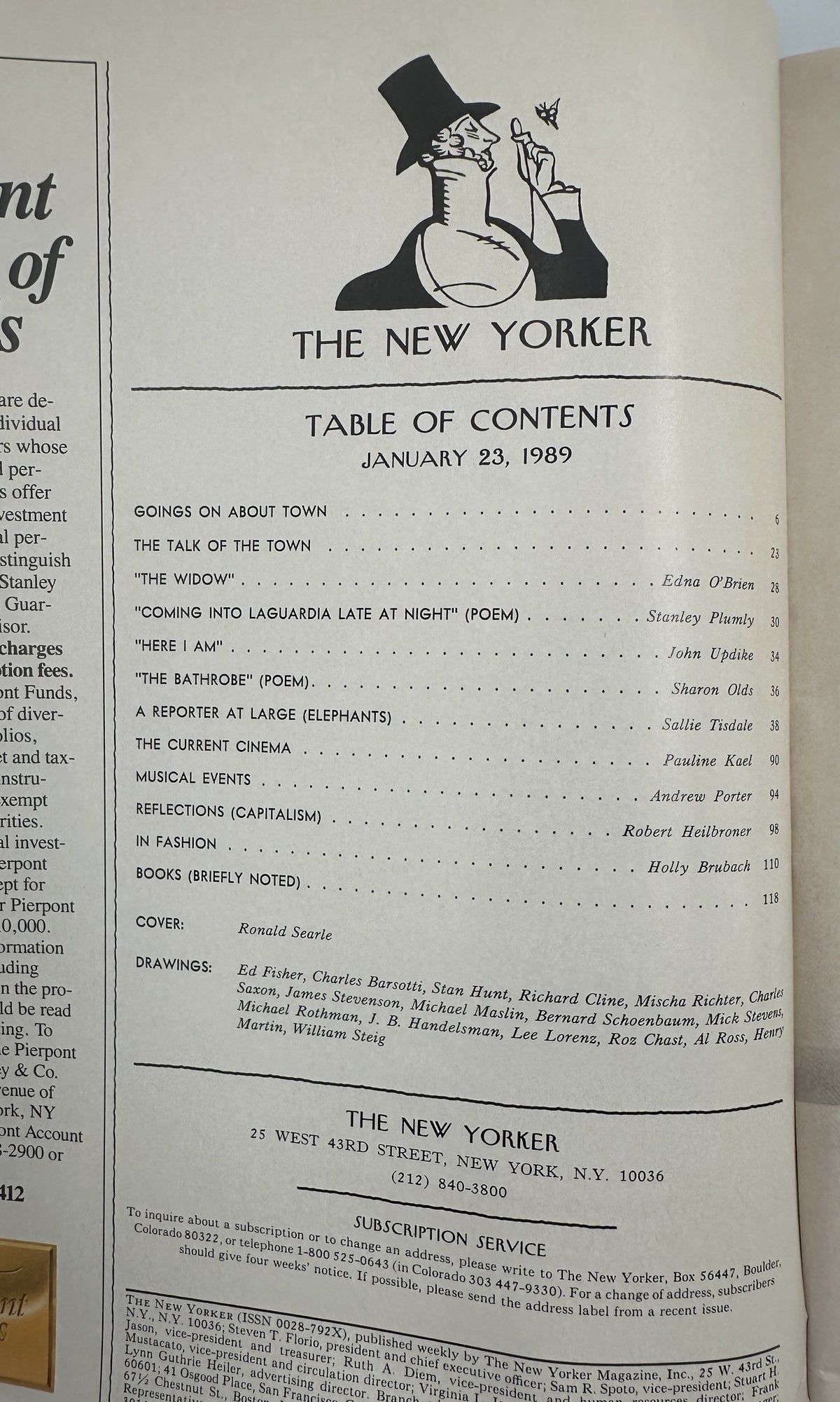 The New Yorker Magazine January 23, 1989 Ice Skating Bird Bouquet Ronald Searle Cover VG, open to the January 23, 1989 table of contents page with New Yorker masthead illustration.