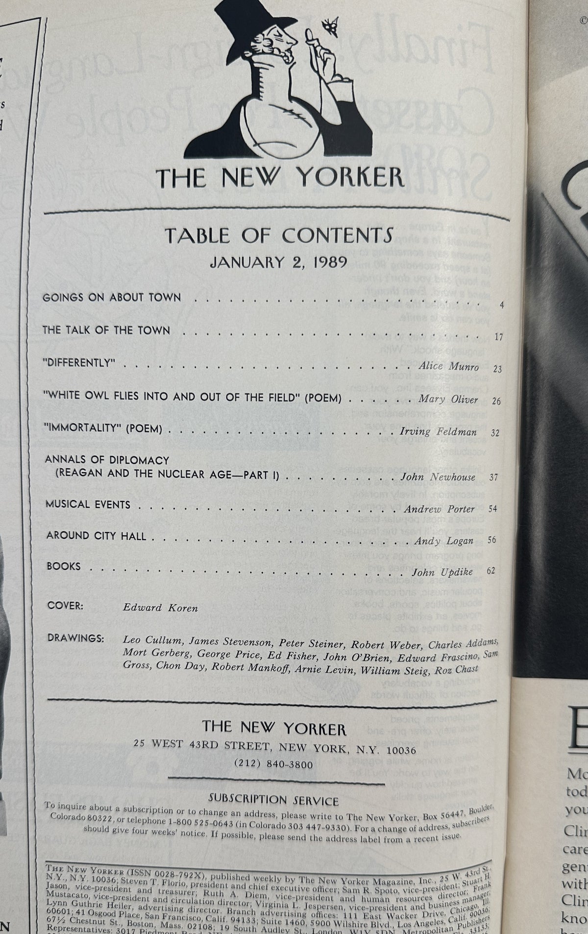 The New Yorker Magazine January 2, 1989 New Year Baby Stroller Edward Koren Cover VG, showing the January 2, 1989 table of contents page with listed articles, poems, and contributors.