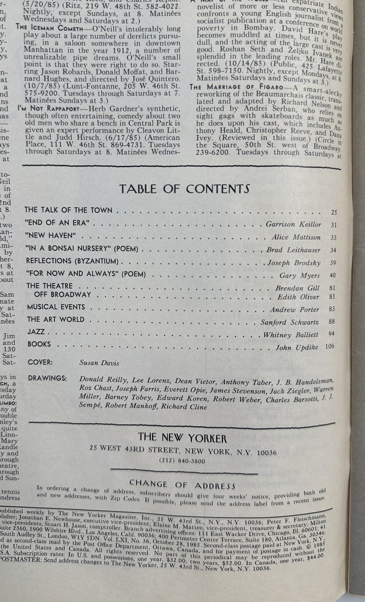 The New Yorker Magazine October 28, 1985 Girls Jump Rope Brownstone Susan Davis VG table of contents page with feature articles, poems, theater, art, jazz, and books listings