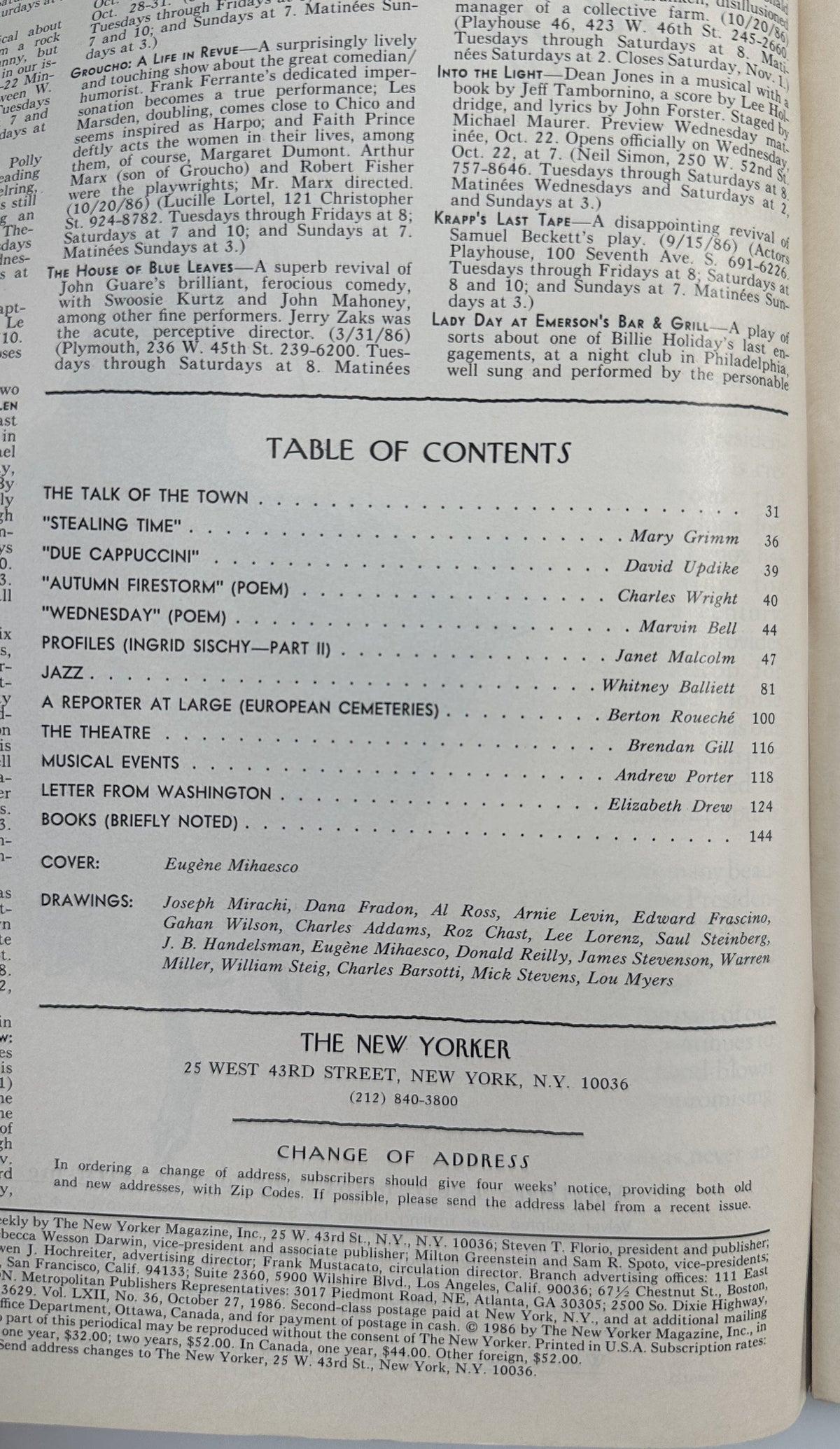 The New Yorker Magazine October 27, 1986 Purple Airport Tower Night Eugène Mihaesco VG, showing the inside table of contents with articles, poems, profiles, jazz coverage, theater, books, and contributor listings.