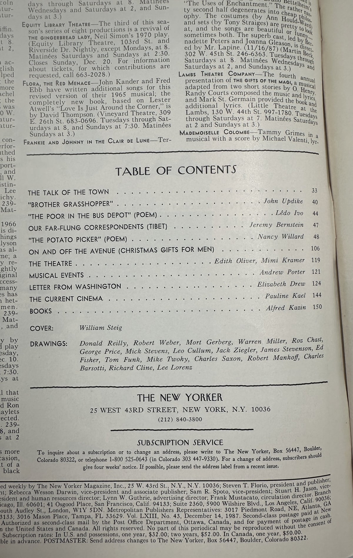 The New Yorker Magazine December 14, 1987 Toy Workshop Train William Steig Cover VG, showing the issue's table of contents with articles, poems, reviews, and contributor listings.