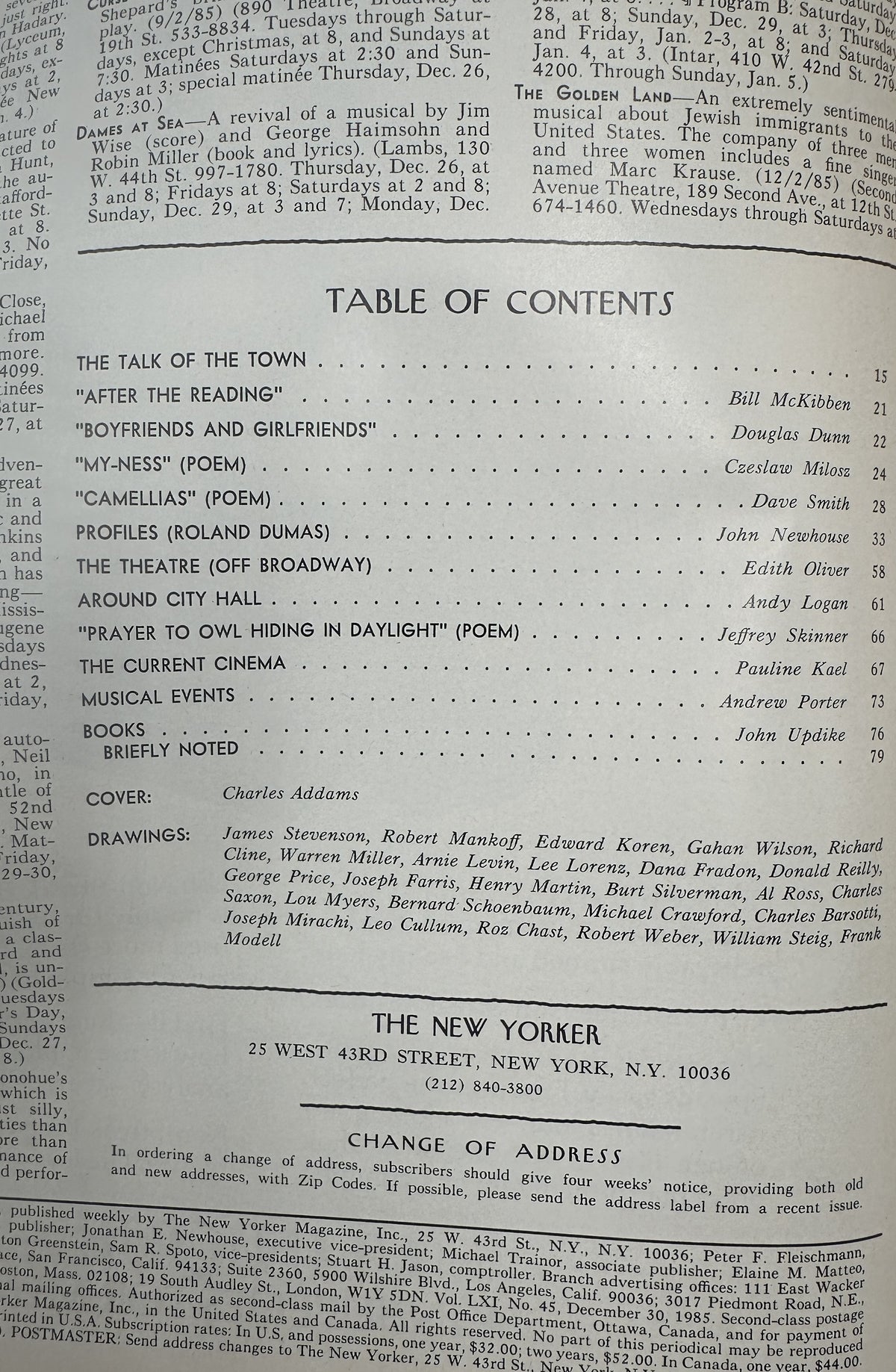 The New Yorker Magazine December 30, 1985 Cat Watching Parties Charles Addams Cover VG, showing the table of contents with articles, poems, reviews, cover credit, and contributing cartoonists.