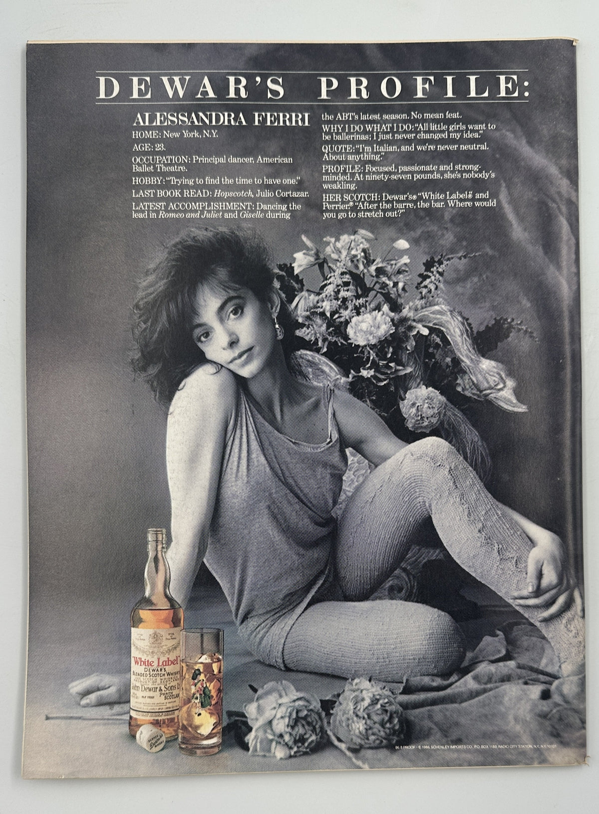 The New Yorker Magazine October 20, 1986 Orchestra Hall J J Sempé Cover VG, interior Dewar's Profile advertisement featuring Alessandra Ferri with flowers and a Dewar's whisky bottle.