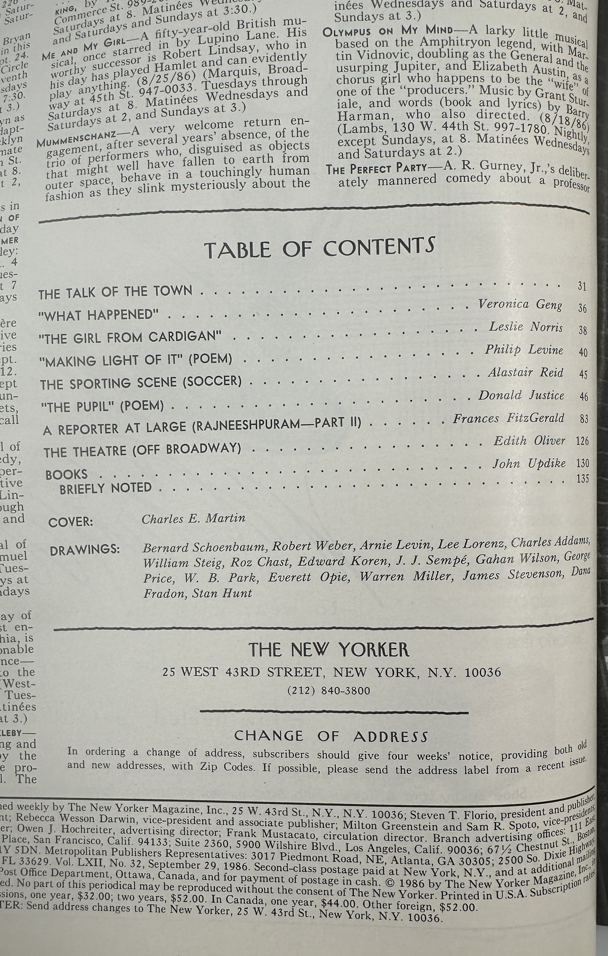The New Yorker Magazine September 29, 1986 Country Bicycle Ride Charles Martin Cover VG, interior table of contents page listing articles, poems, sports, theater, books, cover artist Charles E. Martin, and contributing cartoonists.