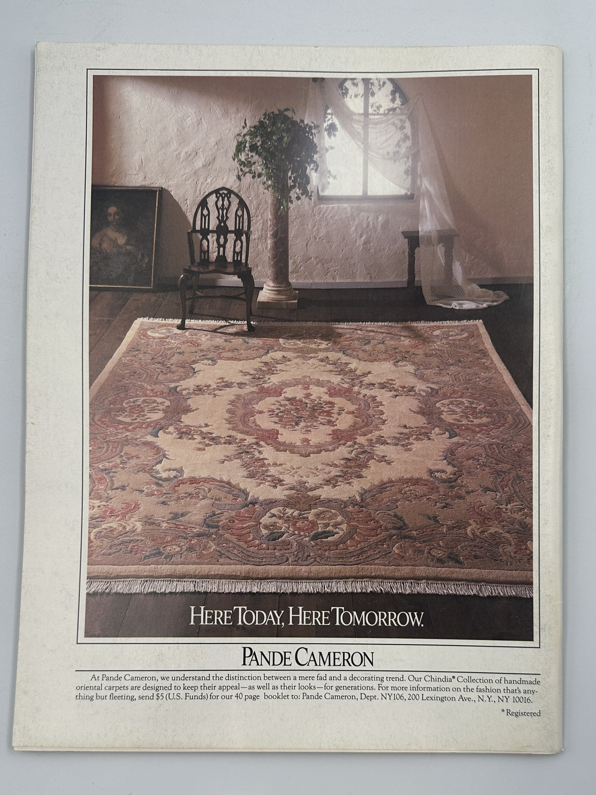 The New Yorker Magazine September 29, 1986 Country Bicycle Ride Charles Martin Cover VG showing a vintage Handle Cameron home furnishings advertisement with an ornate area rug, antique chair, column, window, and the slogan "Here Today, Here Tomorrow."