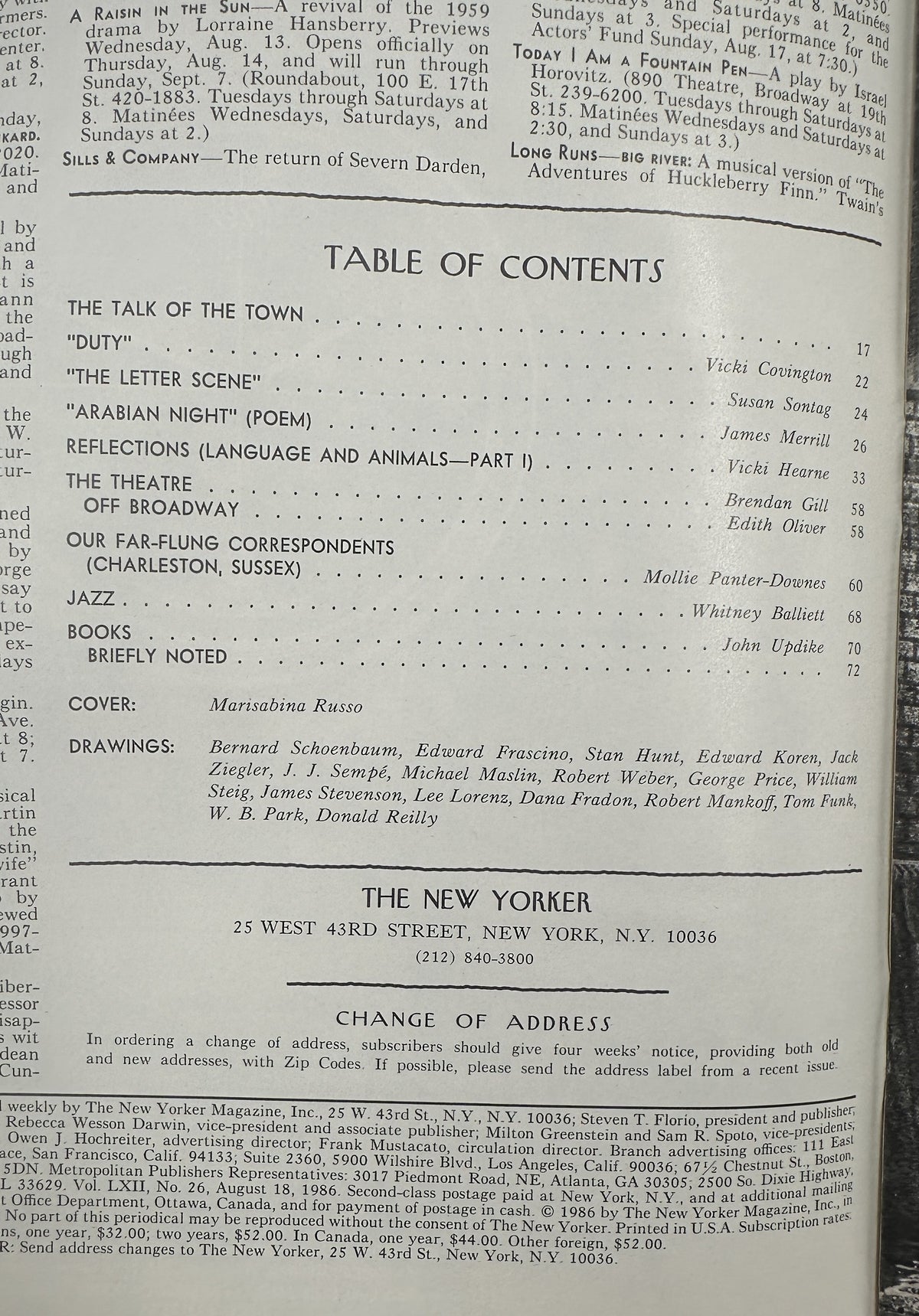 The New Yorker Magazine August 18, 1986 Saltwater Taffy Shop Marisabina Russo Cover VG - interior table of contents page listing articles, departments, cover artist, and drawings contributors
