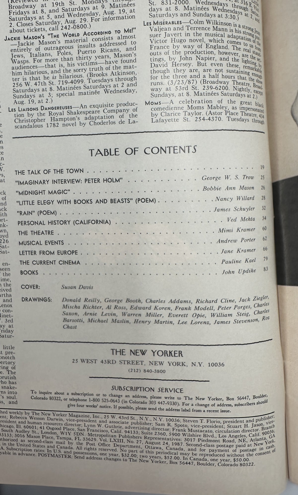 The New Yorker Magazine August 24, 1987 Colorful Beach Umbrellas Susan Davis Cover VG, table of contents page with listed articles, poems, and contributors