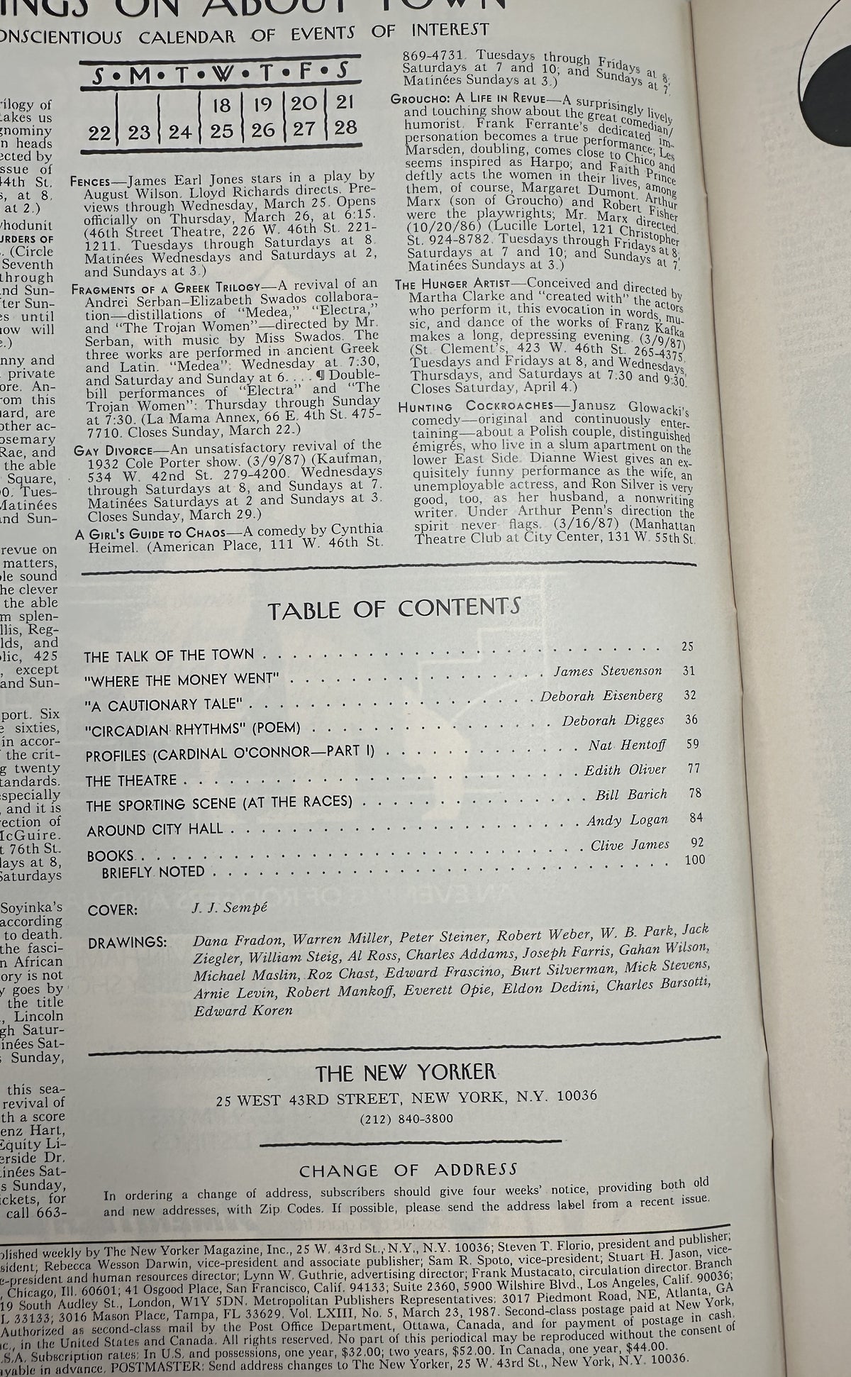 The New Yorker Magazine March 23, 1987 Ballet Audition Studio J. J. Sempé Cover VG, interior table of contents page showing magazine departments and articles.