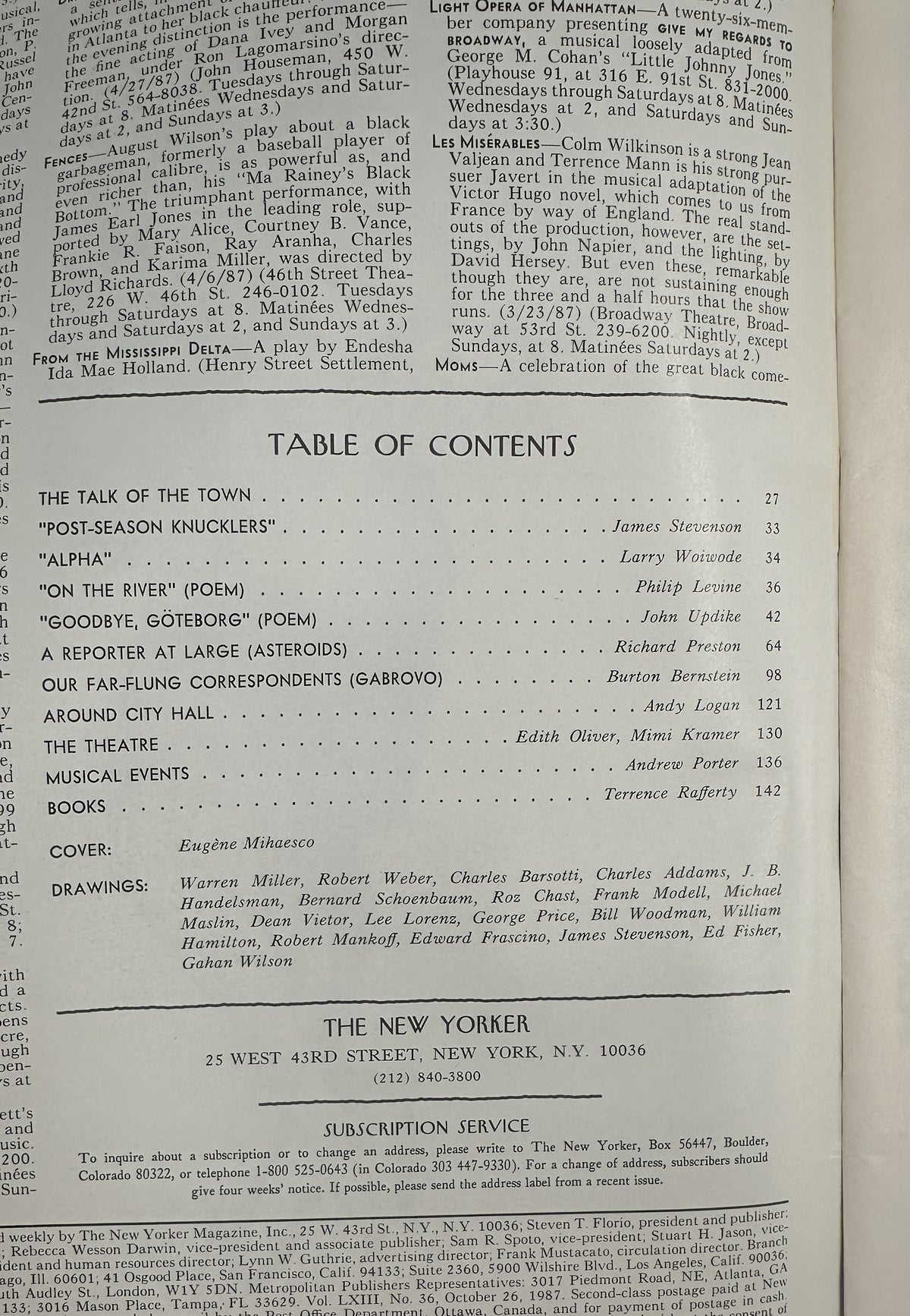 The New Yorker Magazine October 26, 1987 Blank Canvas Artist Eugène Mihaesco Cover VG, showing the printed table of contents and feature listings.