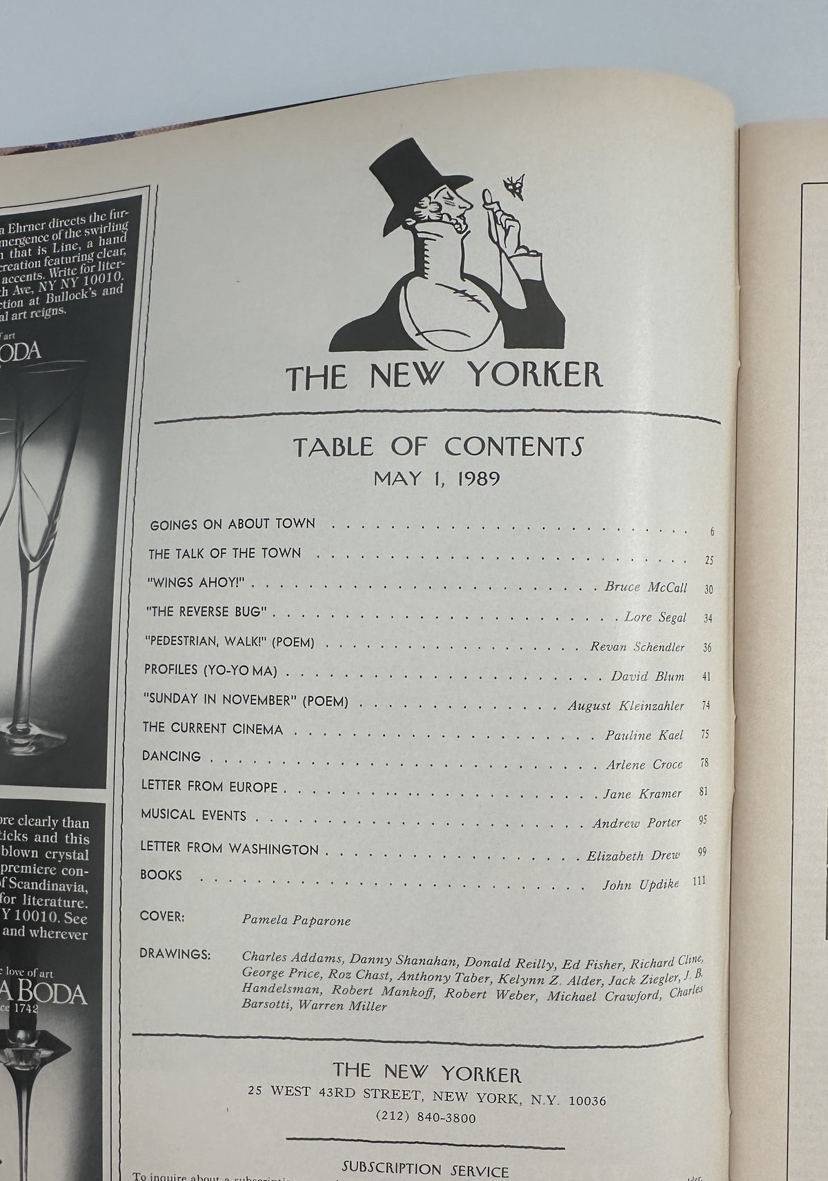 The New Yorker Magazine May 1, 1989 Fruit Flower Bouquet Pamela Paparone Cover VG, open to the table of contents page featuring the New Yorker logo and May 1, 1989 issue listings.