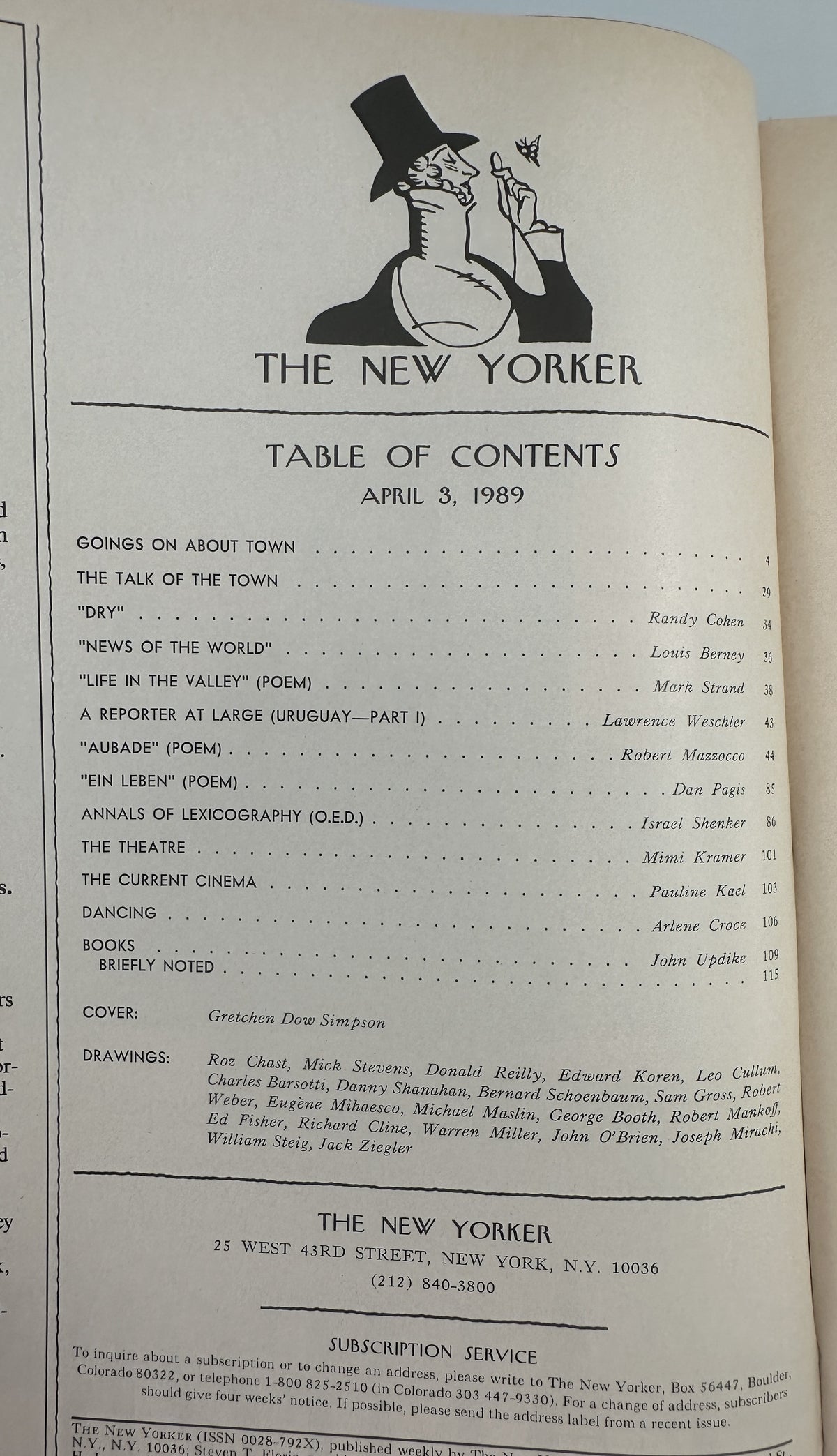 The New Yorker Magazine April 3, 1989 Fashion Sandals Gretchen Dow Simpson Cover VG, showing the issue's Table of Contents page with articles, poems, reviews, cover credit, and cartoonist listings.