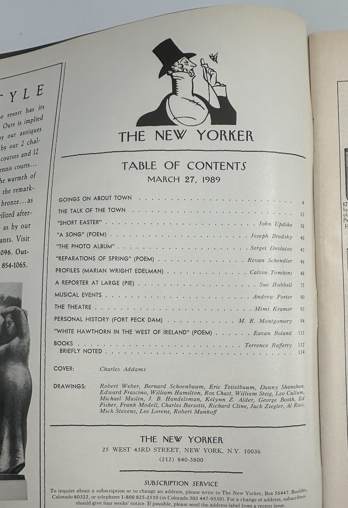 Table of contents page from The New Yorker Magazine March 27, 1989 Easter Bunny Carousel Charles Addams Cover VG, featuring articles, poems, profiles, books, and cover credit to Charles Addams.