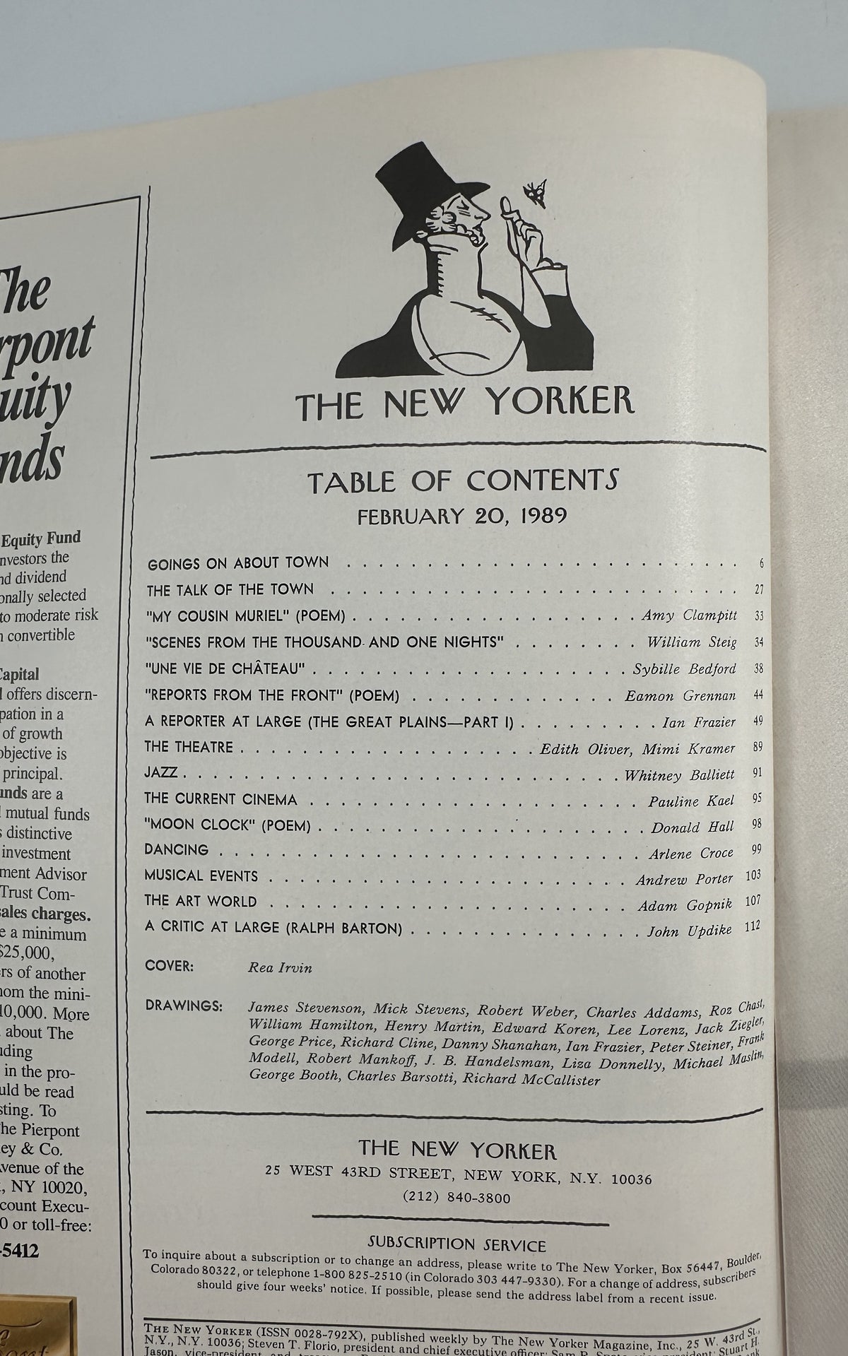 The New Yorker Magazine February 20, 1989 Top Hat Butterfly Rea Irvin Cover VG, showing the issue's table of contents and interior pages.