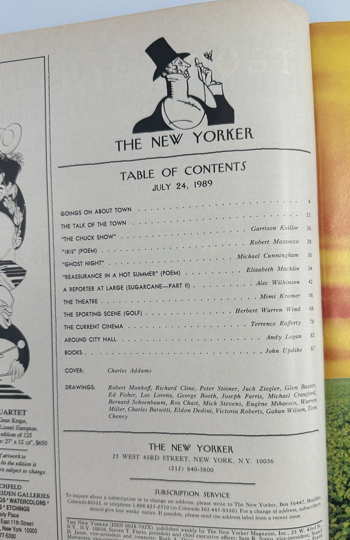 The New Yorker Magazine July 24, 1989 Woodland Animals River Charles Addams Cover VG table of contents page featuring the issue's articles, poems, theater, golf, cinema, books, and contributor listings