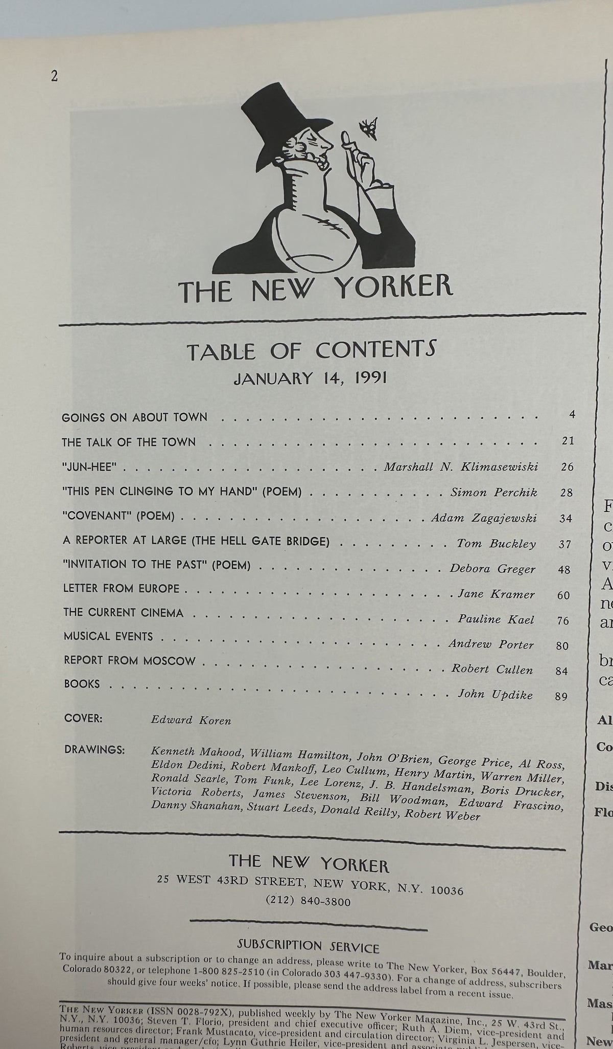 The New Yorker Magazine January 14, 1991 Winter Bird Tree Edward Koren Cover VG, showing the January 14, 1991 table of contents page with the New Yorker mascot and listed articles, poems, and departments.