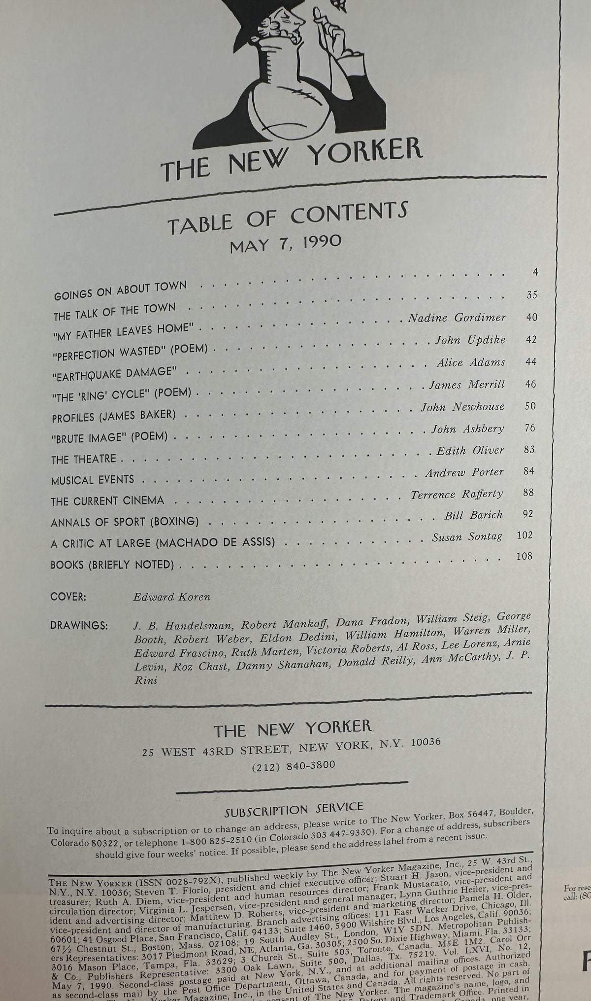 The New Yorker Magazine May 7, 1990 Forest ATM Animal Banking Edward Koren Cover VG, showing the magazine table of contents and issue details.