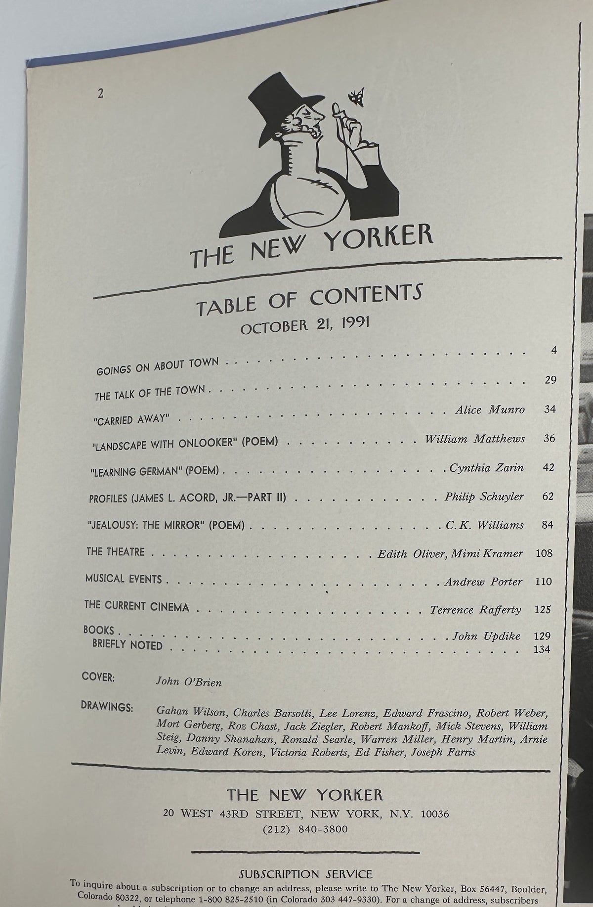 The New Yorker Magazine October 21, 1991 Dog Skeleton Kite John O’Brien Cover VG, showing the issue's table of contents with featured articles, poems, profiles, reviews, and cartoons.
