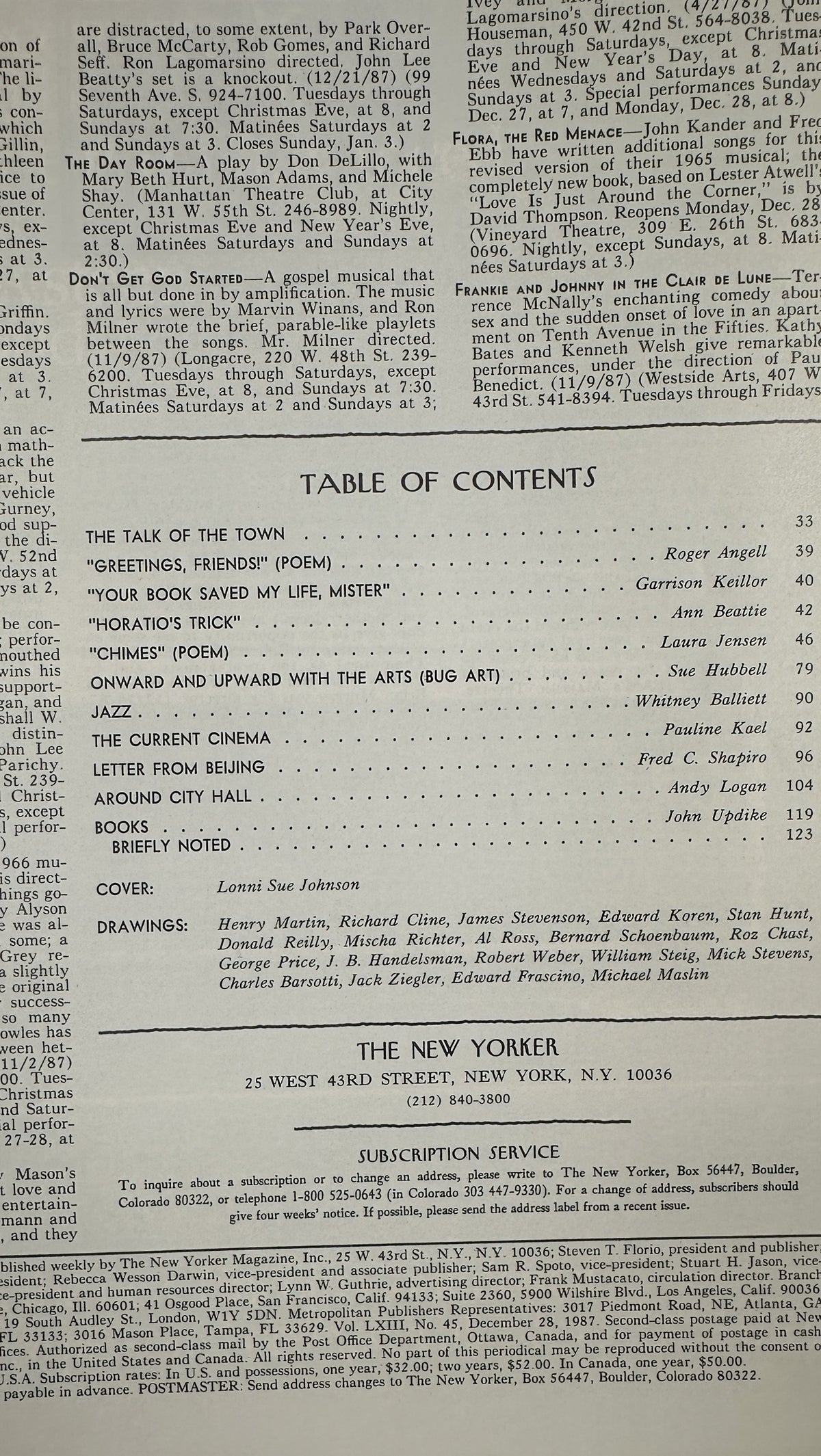 The New Yorker Magazine December 28, 1987 Santa Puzzle Lonni Sue Johnson Cover, interior table of contents page with featured articles, poems, reviews, and contributors.