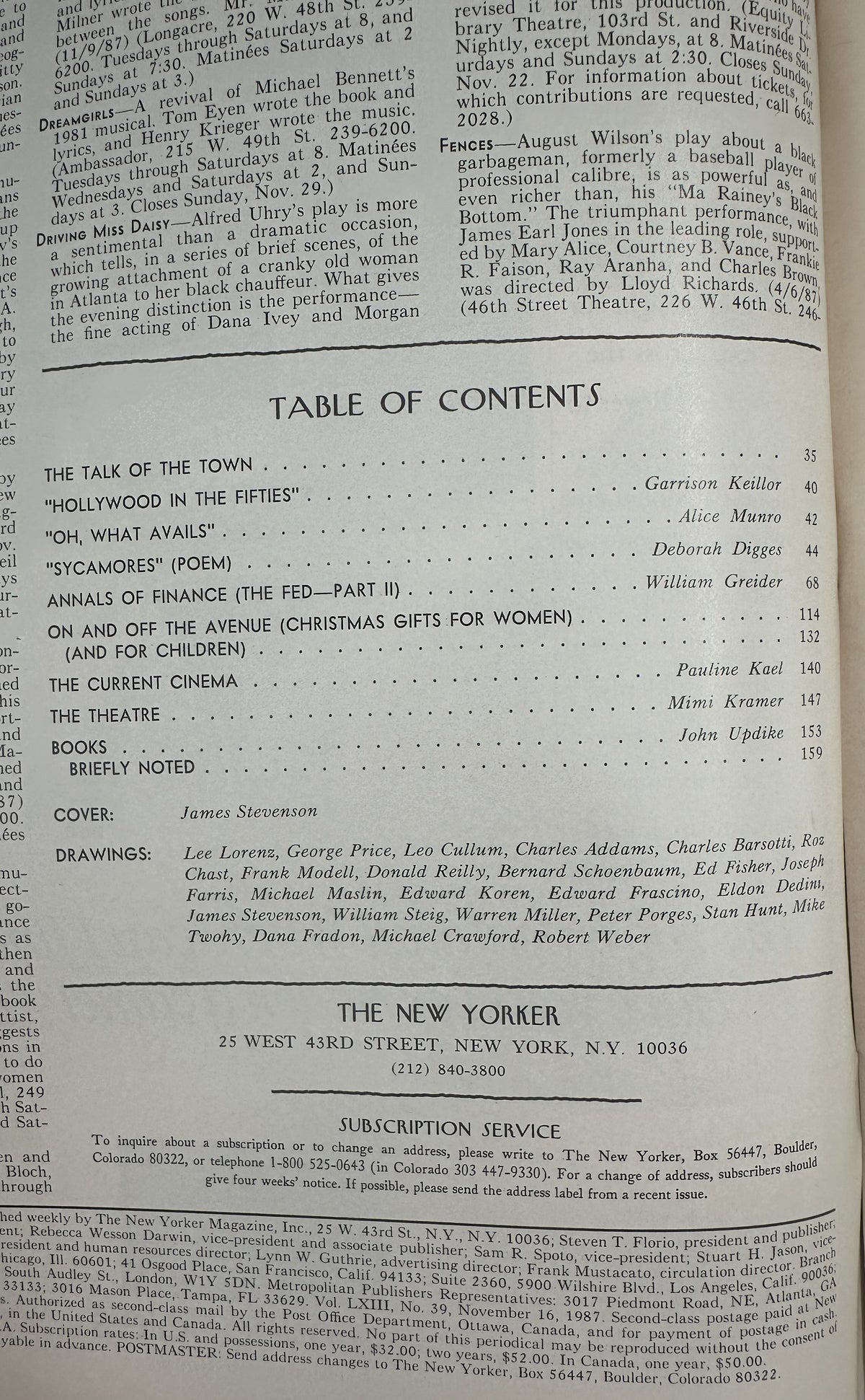 The New Yorker Magazine November 16, 1987 Football Field James Stevenson Cover table of contents page featuring listings for fiction, poetry, finance, cinema, theatre, books, and cartoons