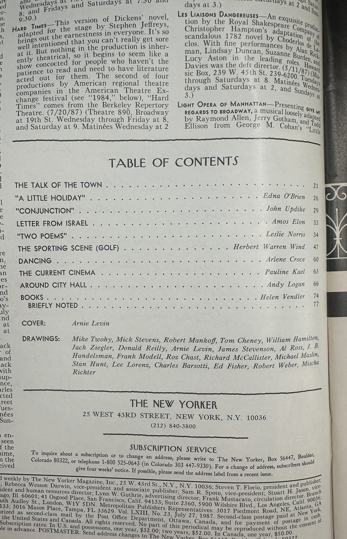 The New Yorker Magazine July 27, 1987 Moonlit Sea Cats Arnie Levin Cover showing the magazine table of contents page with articles, contributors, cover credit, and cartoon drawings list.