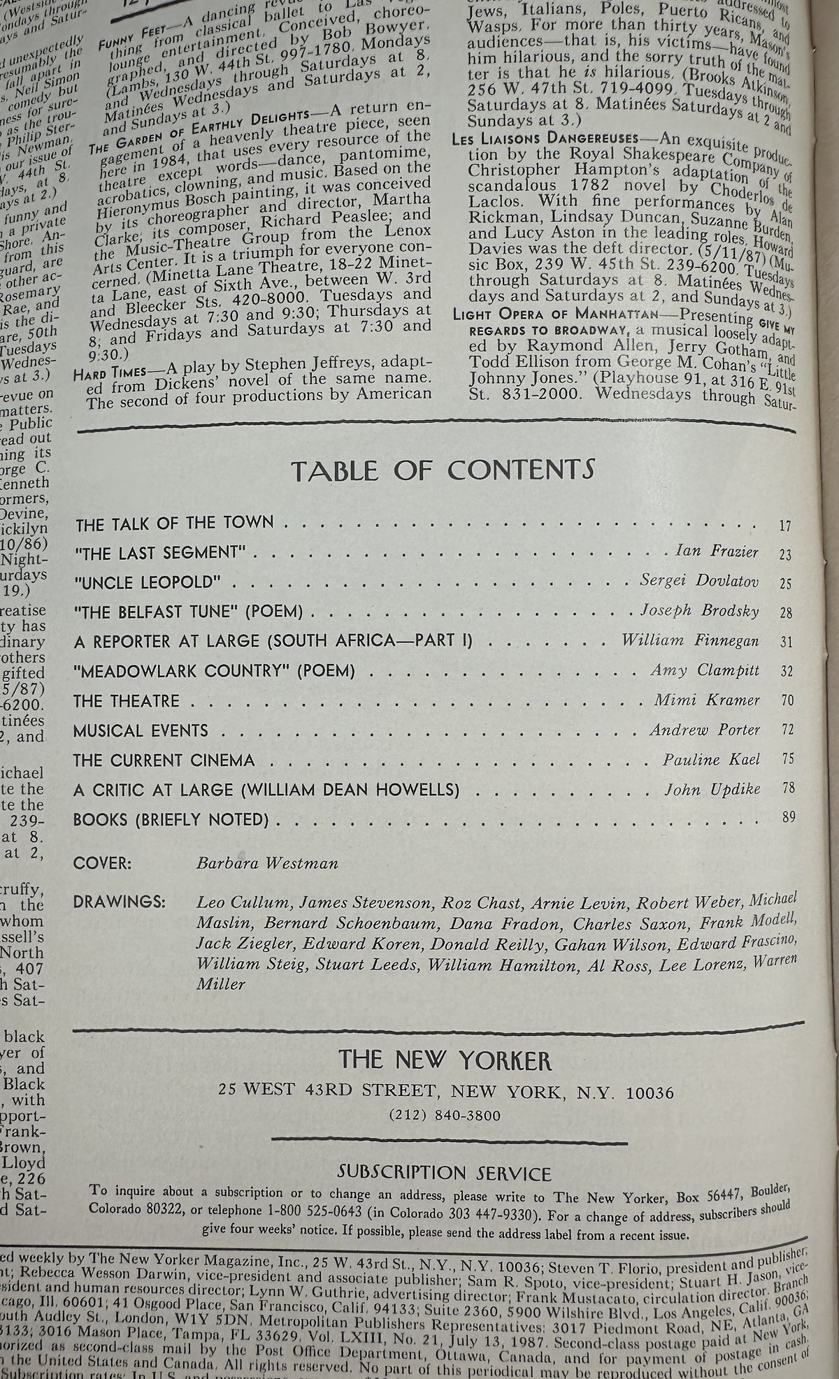 The New Yorker Magazine July 13, 1987 Pizza Parlor Diner Barbara Westman Cover, open table of contents page showing featured articles, poems, theater, cinema, books, cover artist Barbara Westman, and magazine drawings.