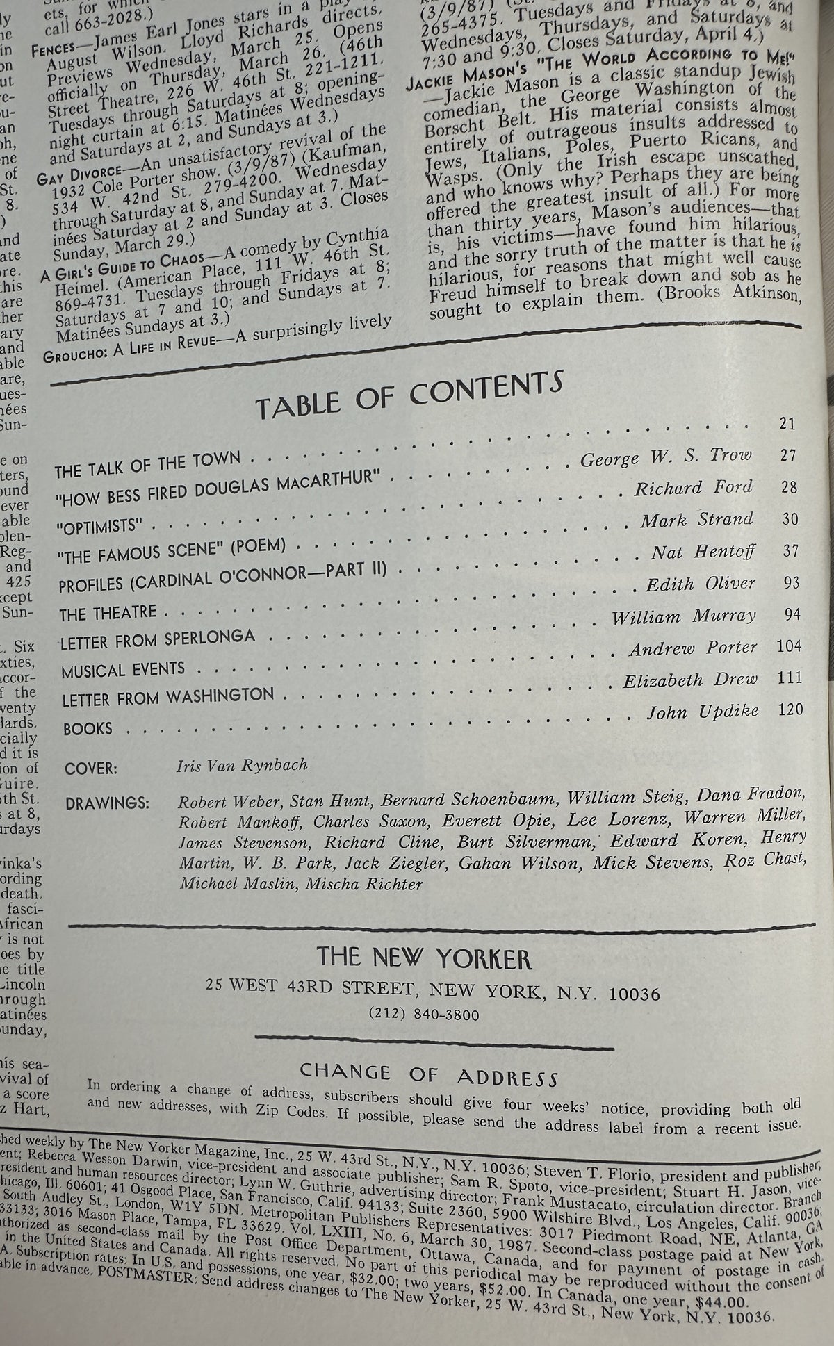The New Yorker Magazine March 30, 1987 Corner Bakery Storefront Iris Van Rynbach Cover, interior table of contents page listing articles, poems, profiles, letters, musical events, and books.