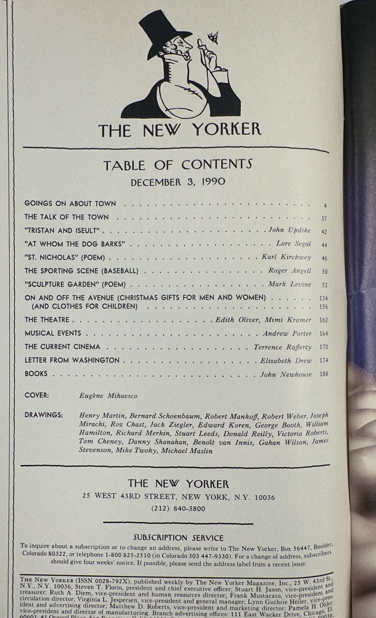 The New Yorker Magazine December 3, 1990 Bedtime Story Giant Book Eugène Mihaesco Cover table of contents page with issue articles, contributors, cover artist, and drawings credits.