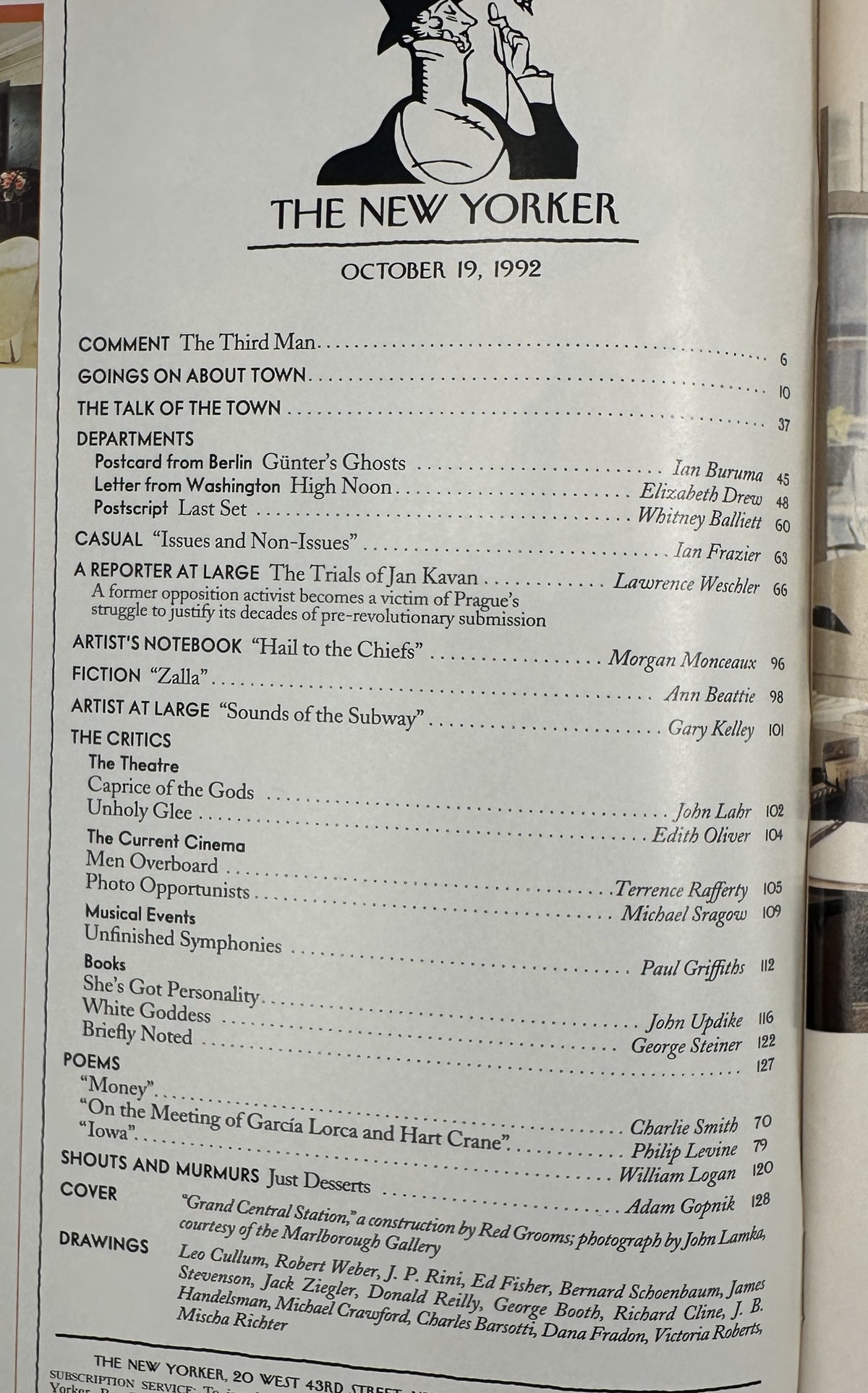 The New Yorker Magazine October 19, 1992 Grand Central Station Cover VG, interior table of contents page listing articles, fiction, poems, reviews, and cover artwork details.