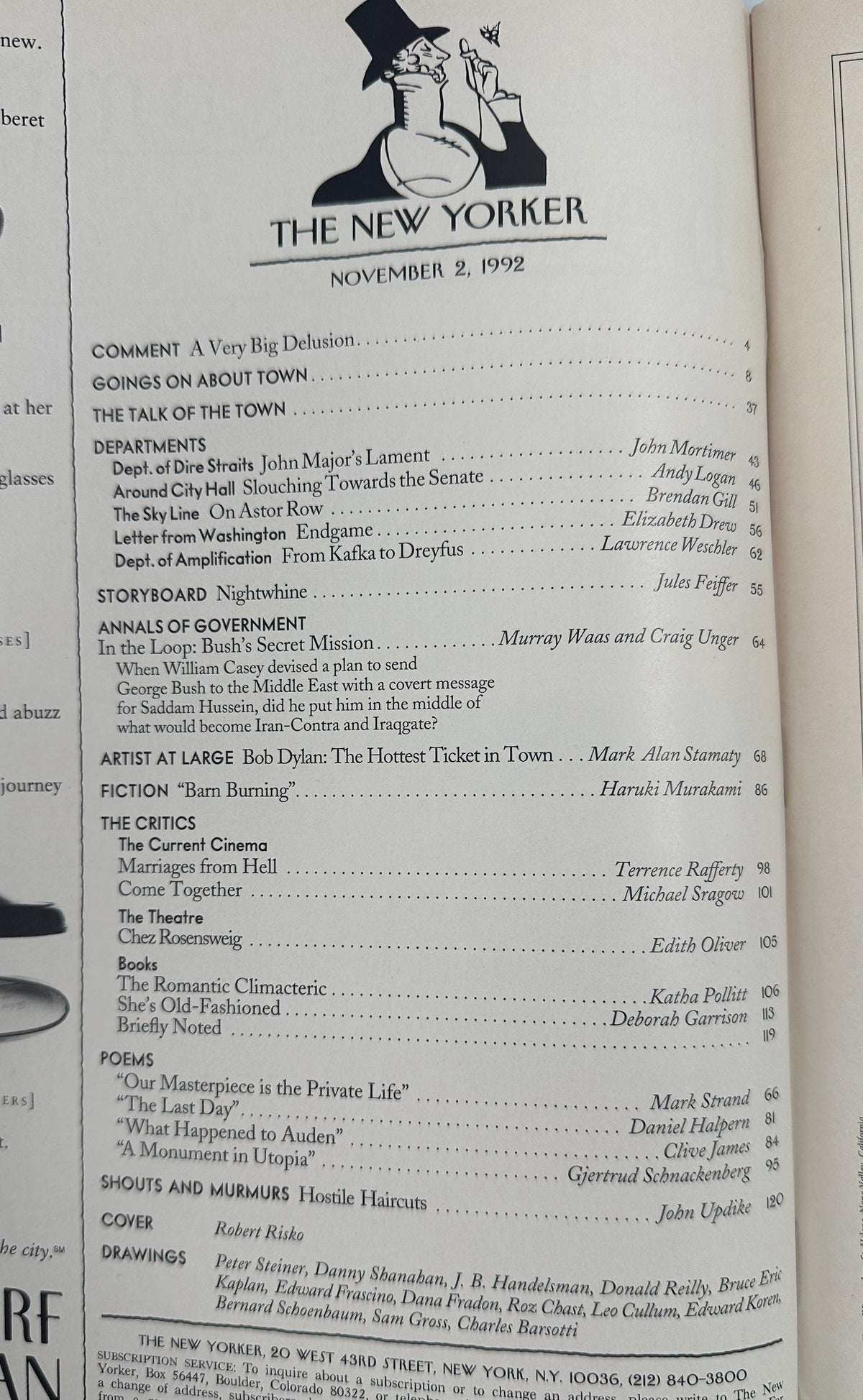 The New Yorker Magazine November 2, 1992 Halloween Trick-or-Treat Robert Risko Cover VG, table of contents page featuring articles, fiction, poems, reviews, and illustrations.