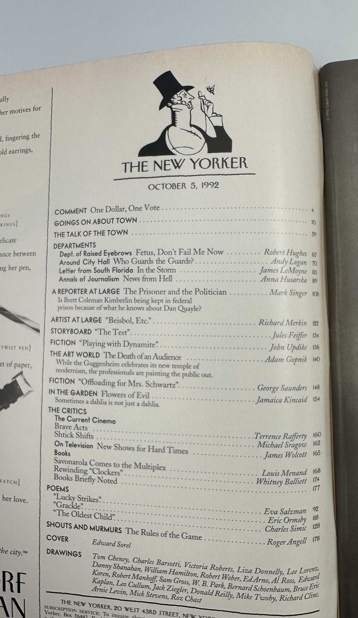 The New Yorker Magazine October 5, 1992 Autumn Carriage Edward Sorel Cover VG, showing the issue's table of contents and New Yorker mascot illustration.