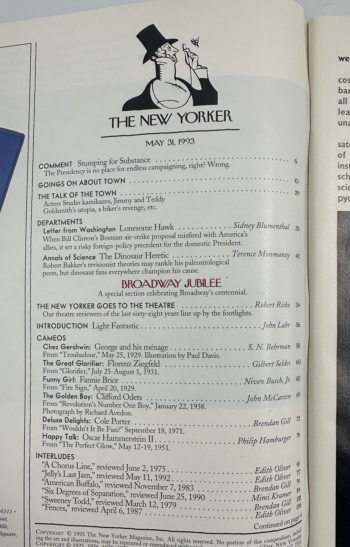 The New Yorker Magazine May 31, 1993 Broadway Times Square Ralph Fasanella Cover VG, interior table of contents page featuring the Broadway Jubilee special section and articles about theater, science, politics, and New York City.
