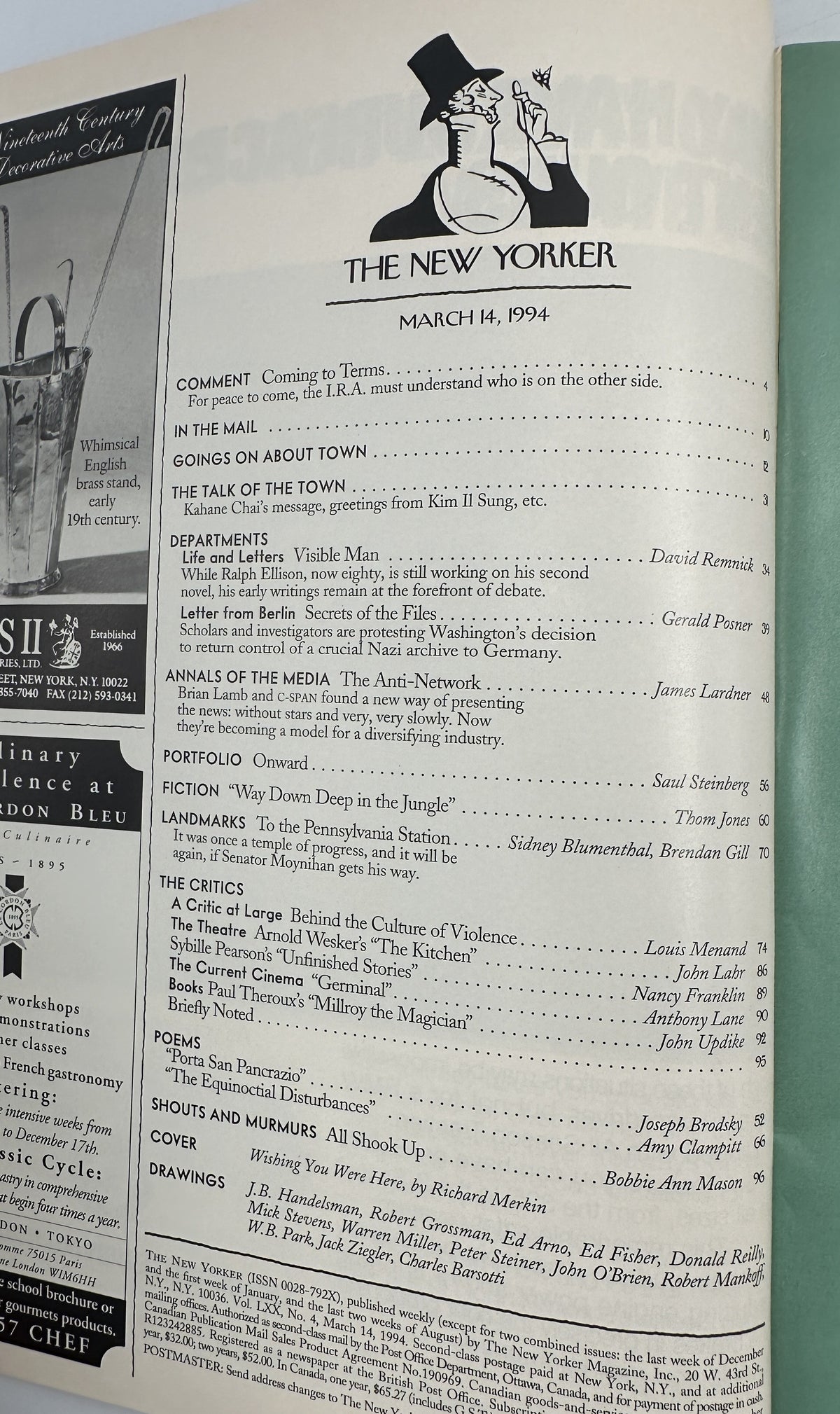 The New Yorker Magazine March 14, 1994 Tropical Postcard Beach Richard Merkin Cover VG, photographed open to the table of contents page with issue logo and feature listings.