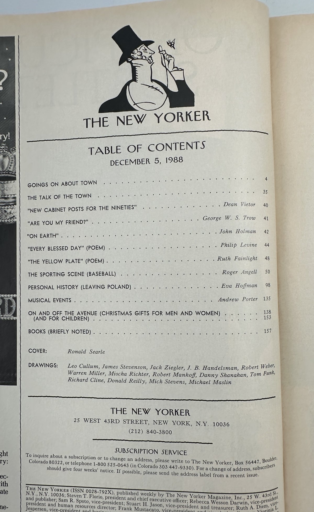 The New Yorker Magazine December 5, 1988 Museum Cherub Painting Ronald Searle Cover, interior table of contents page listing articles, poems, drawings, and features.